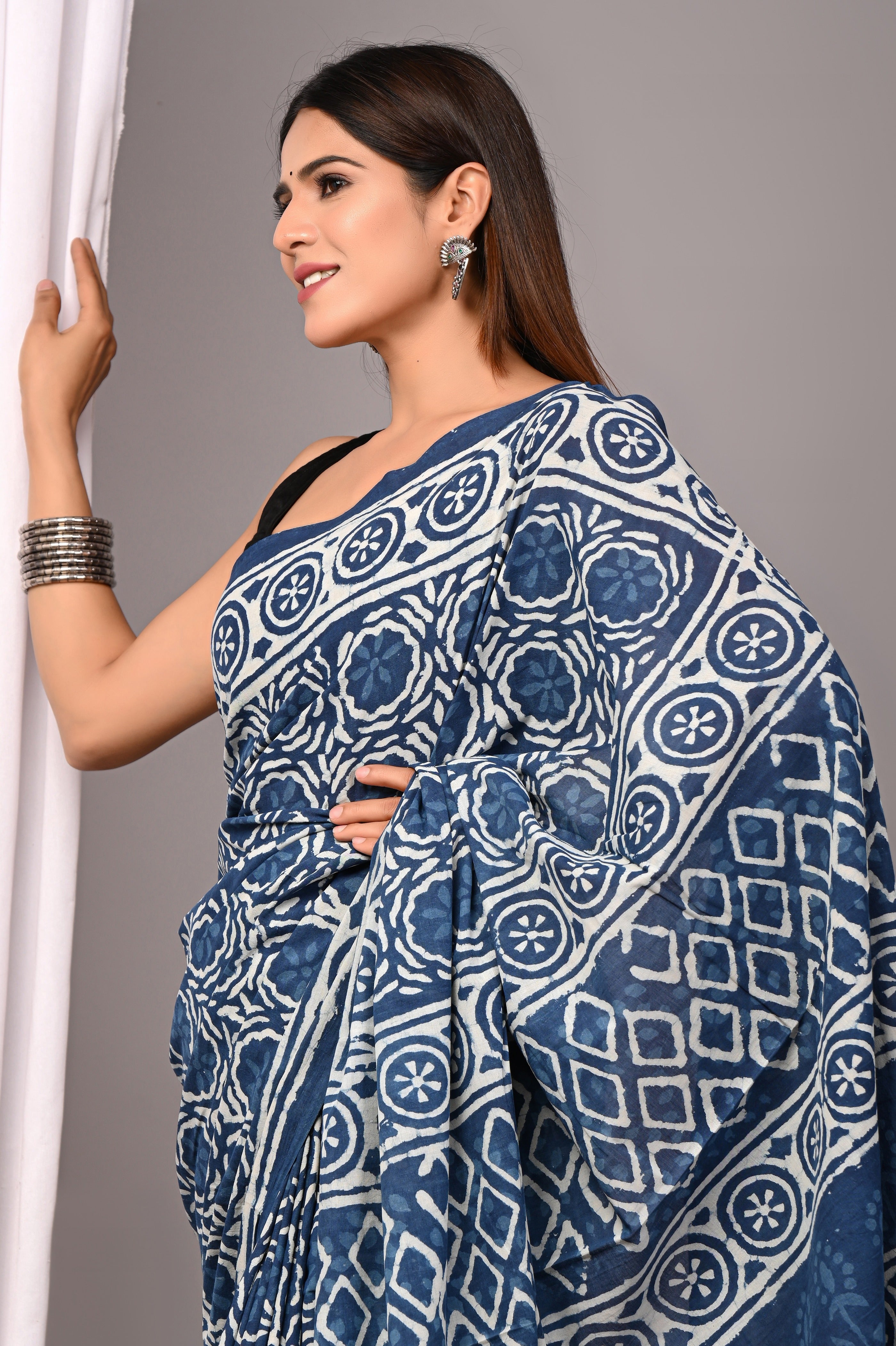 Indigo Blue Pure Cotton Hand-Printed Saree