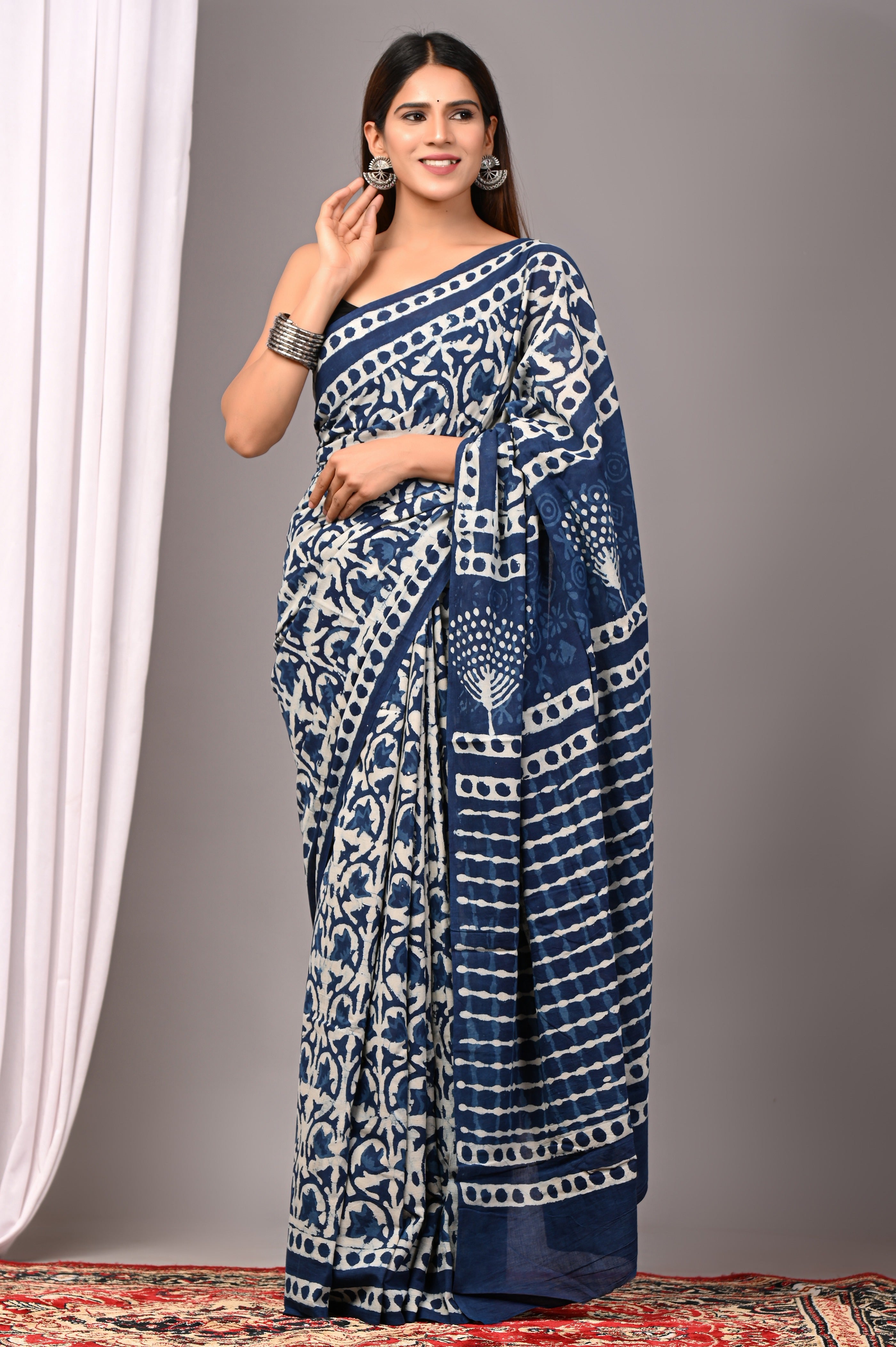 Indigo Blue Pure Cotton Hand-Printed Saree