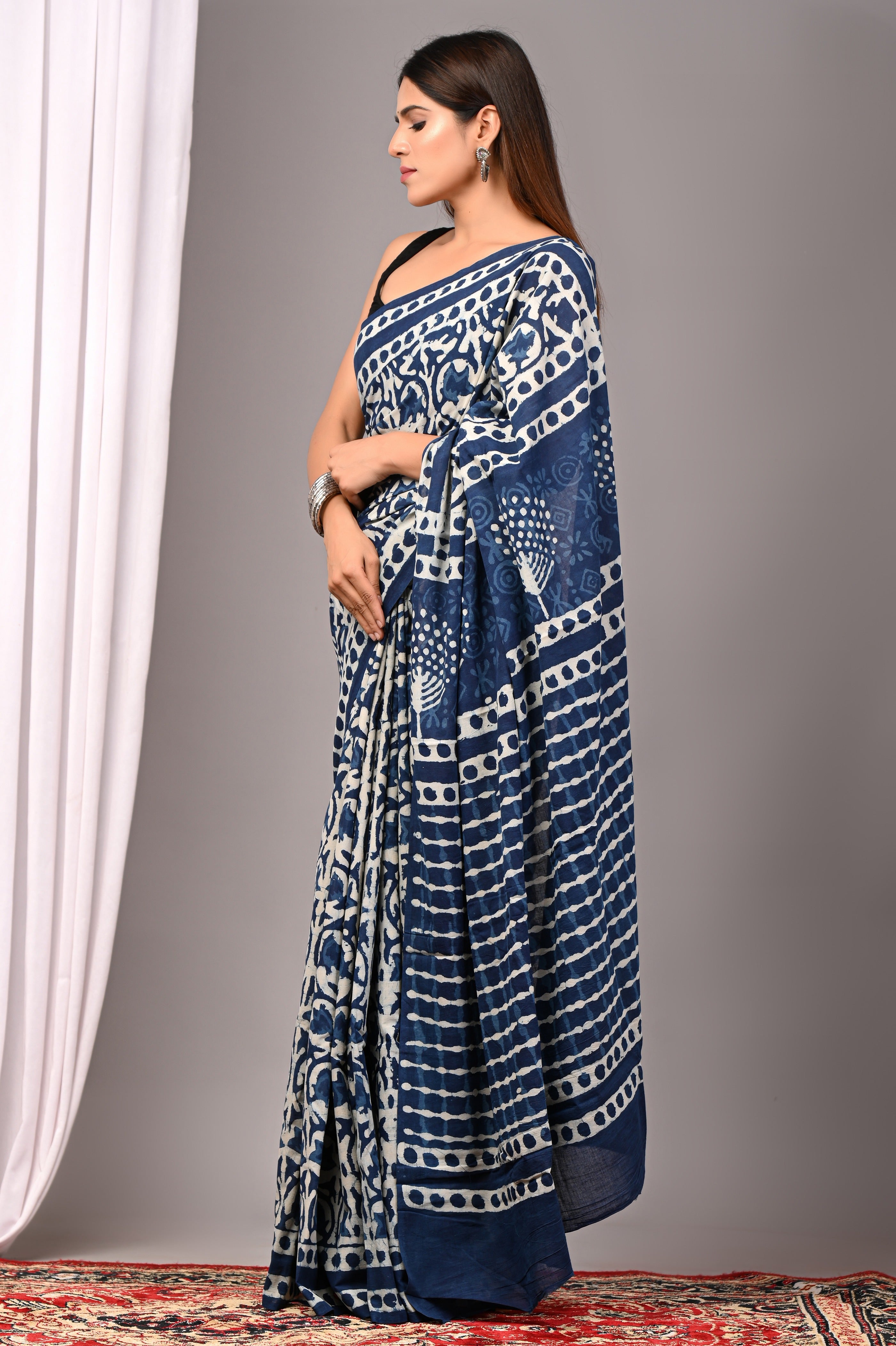 Indigo Blue Pure Cotton Hand-Printed Saree