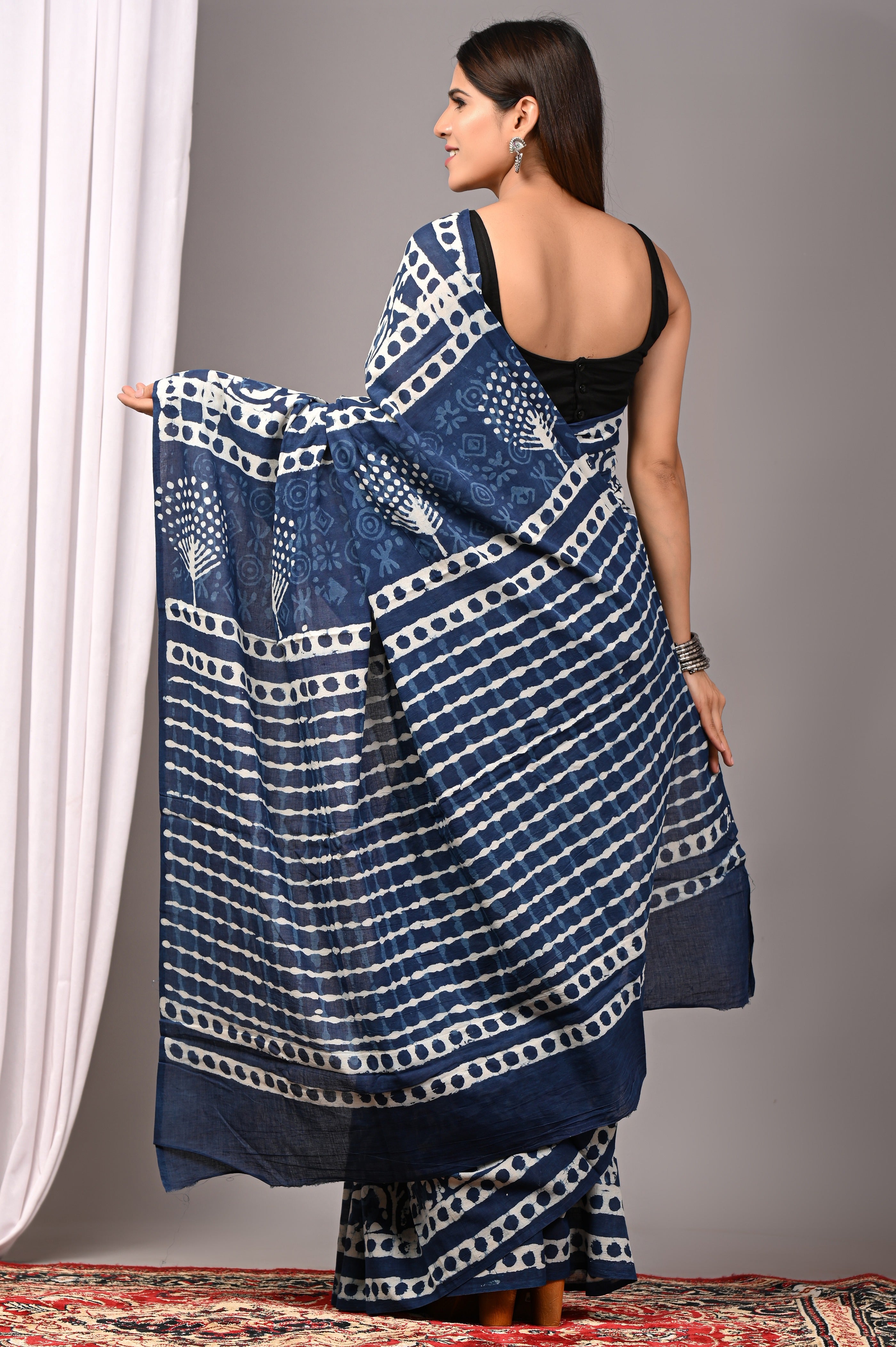 Indigo Blue Pure Cotton Hand-Printed Saree