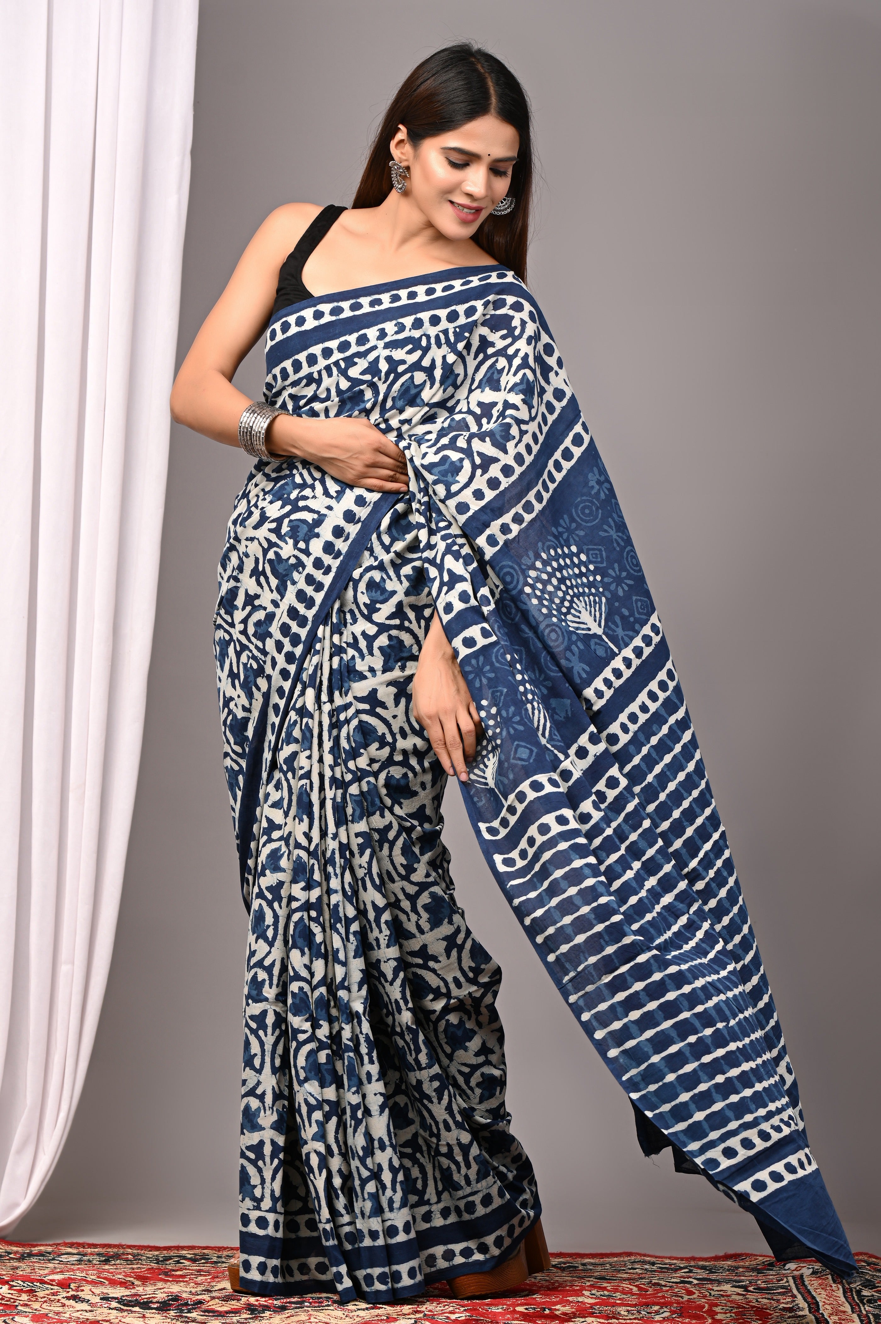Indigo Blue Pure Cotton Hand-Printed Saree