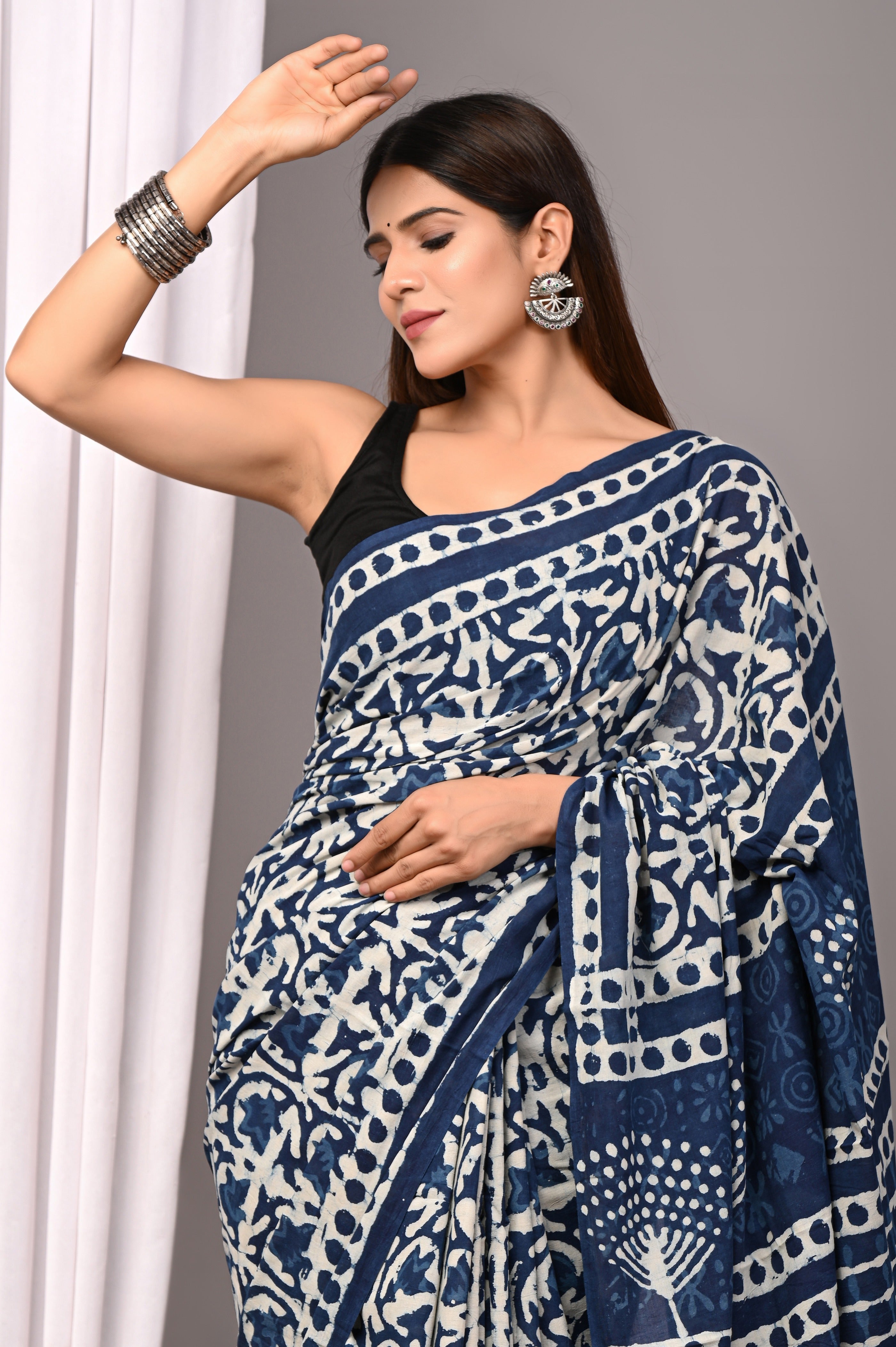 Indigo Blue Pure Cotton Hand-Printed Saree