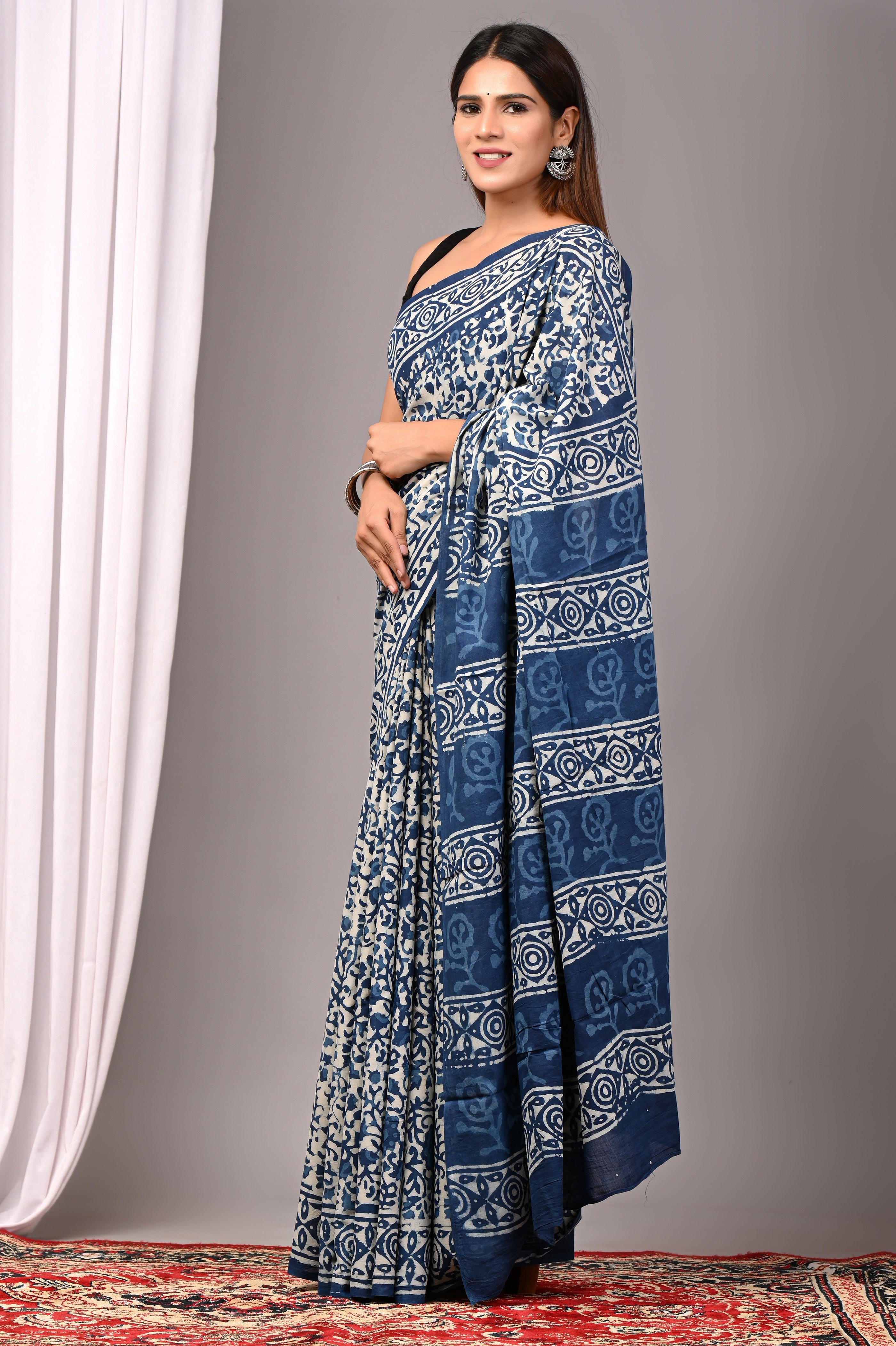 Indigo Blue Pure Cotton Hand-Printed Saree