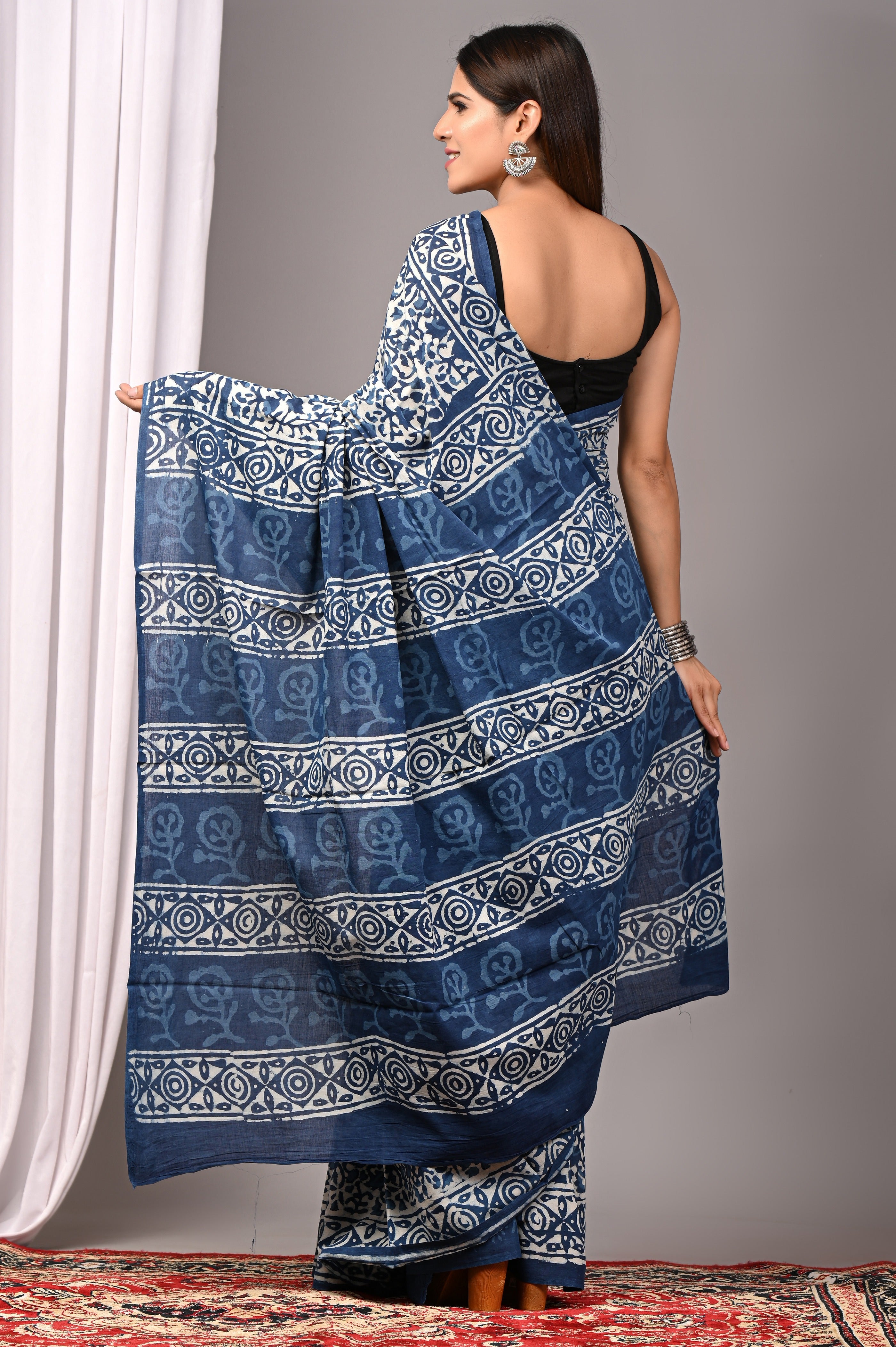 Indigo Blue Pure Cotton Hand-Printed Saree