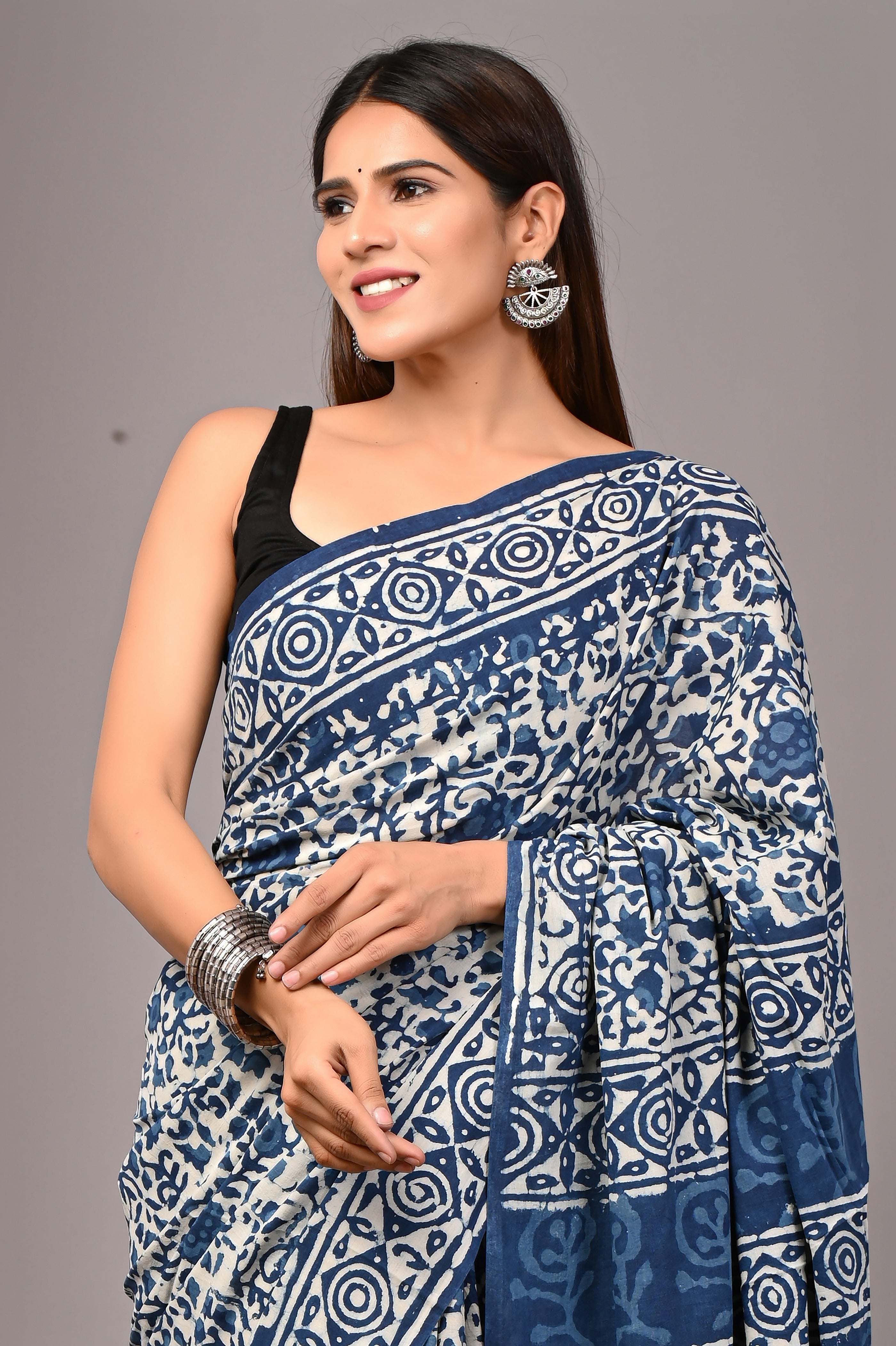 Indigo Blue Pure Cotton Hand-Printed Saree