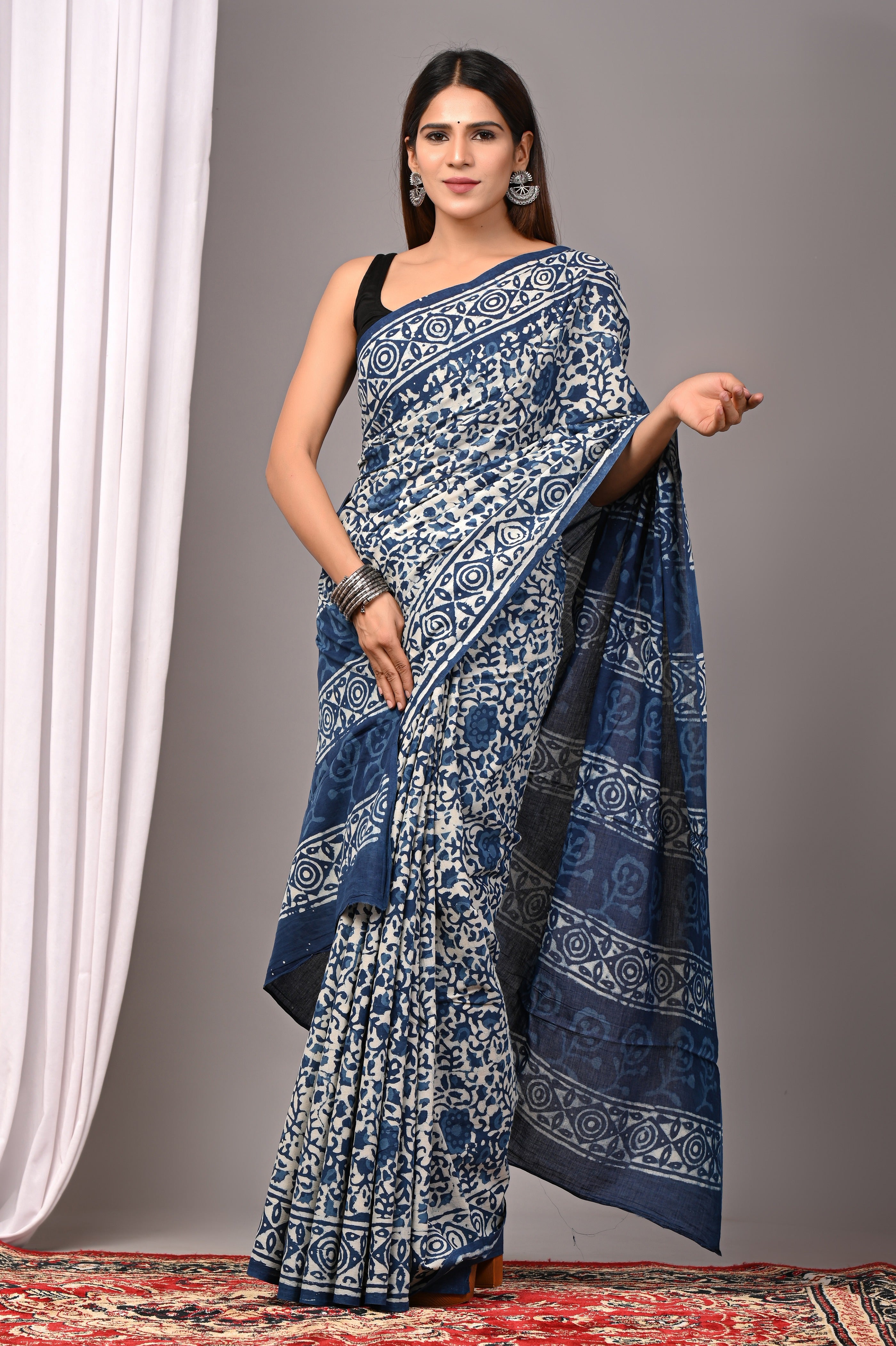 Indigo Blue Pure Cotton Hand-Printed Saree