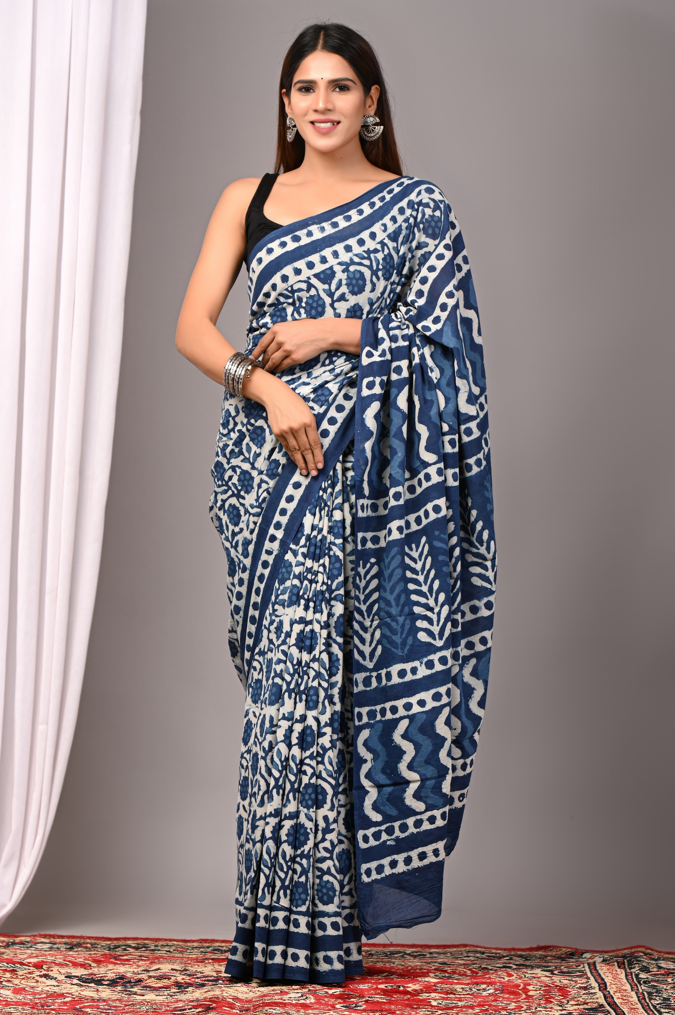 Indigo Blue Pure Cotton Hand-Printed Saree