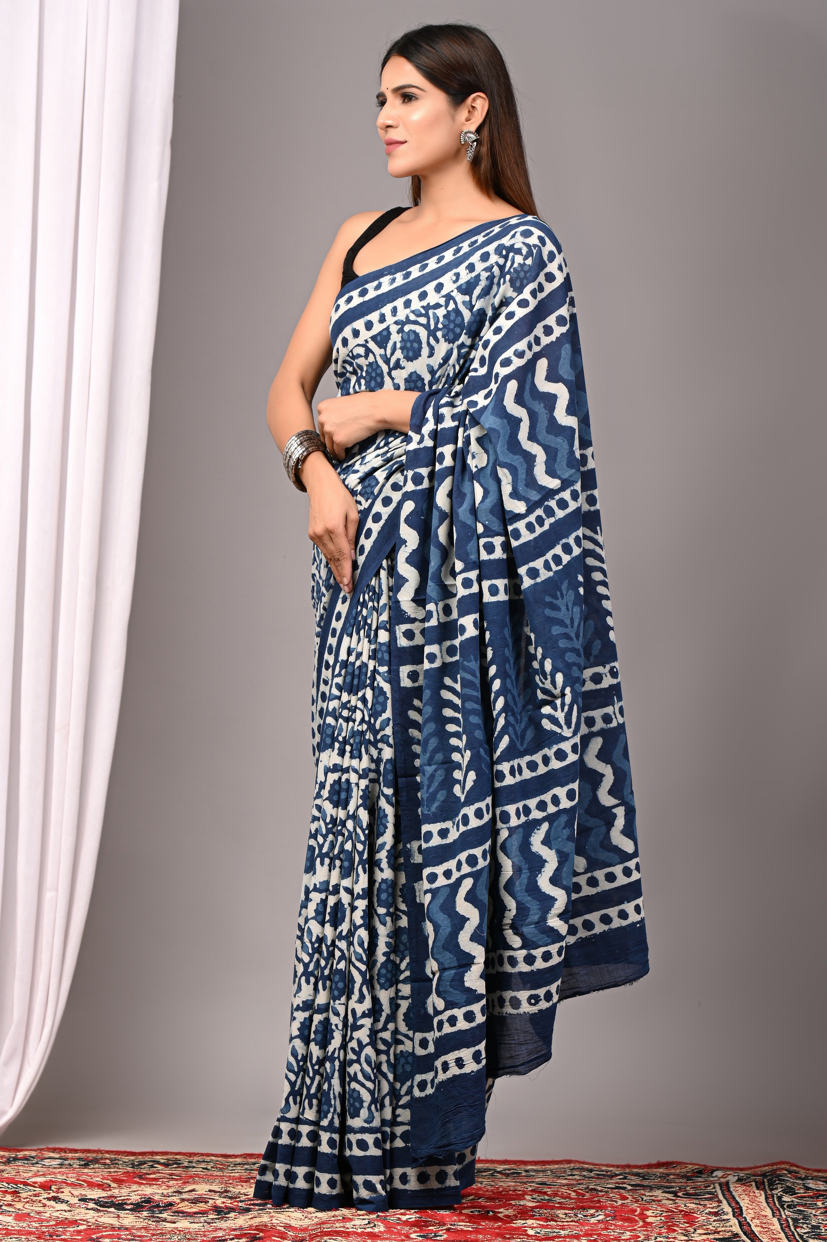Indigo Blue Pure Cotton Hand-Printed Saree