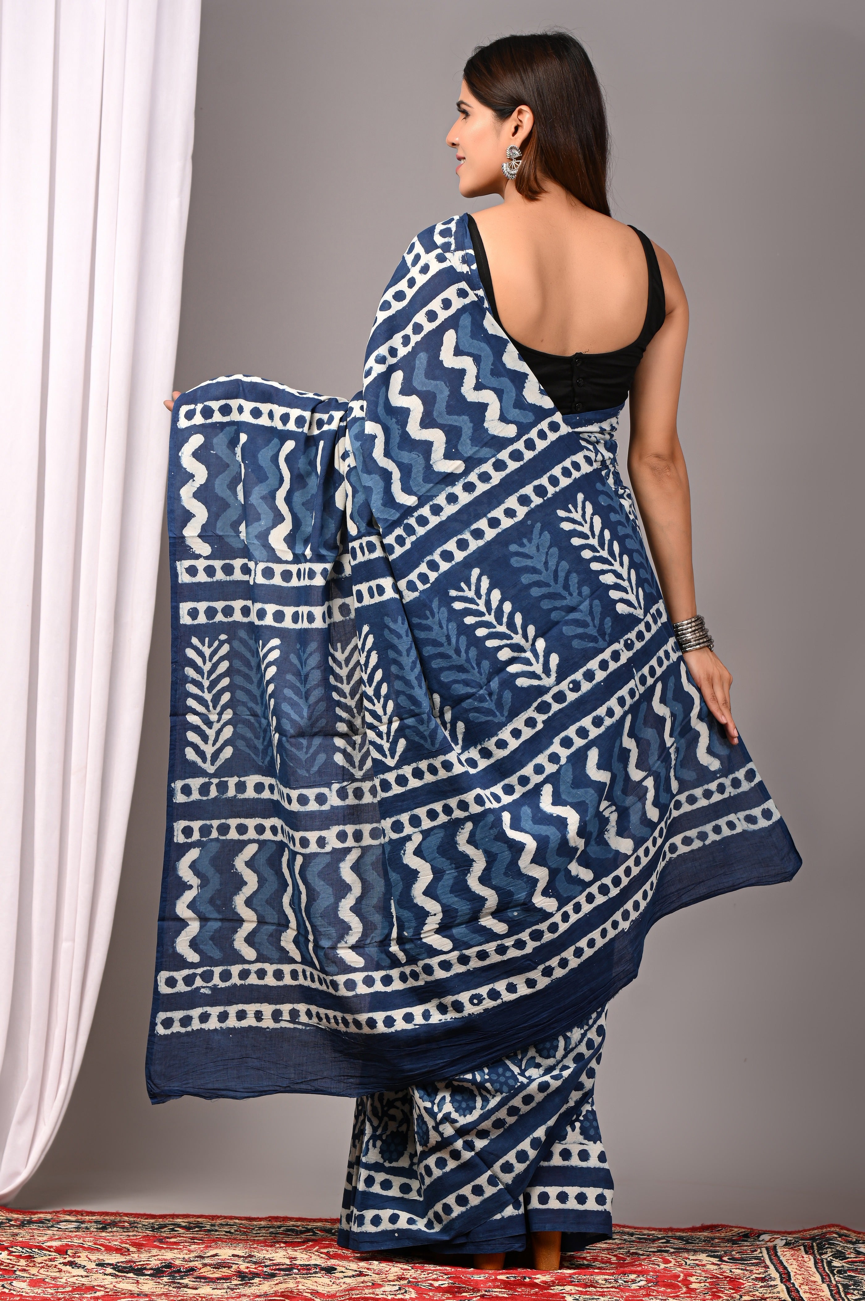 Indigo Blue Pure Cotton Hand-Printed Saree