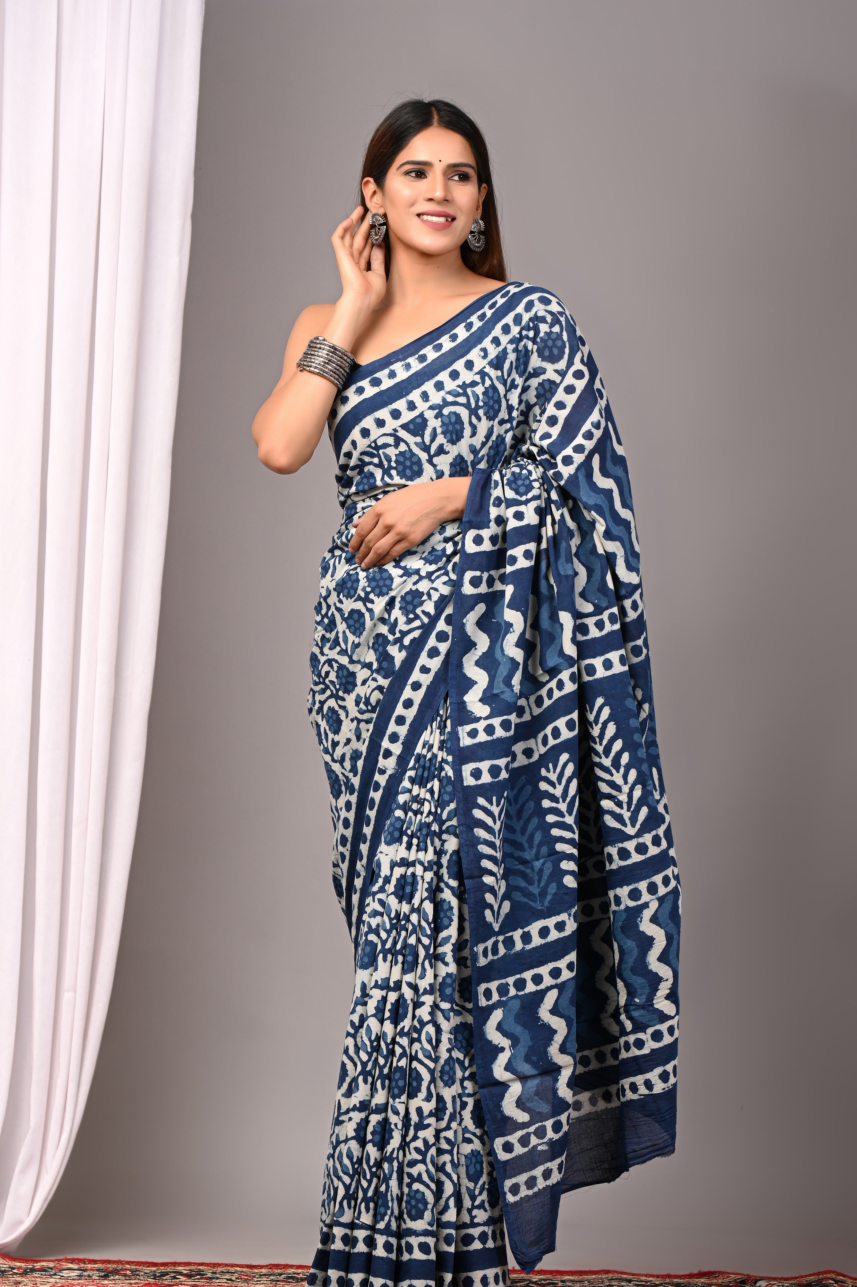Indigo Blue Pure Cotton Hand-Printed Saree
