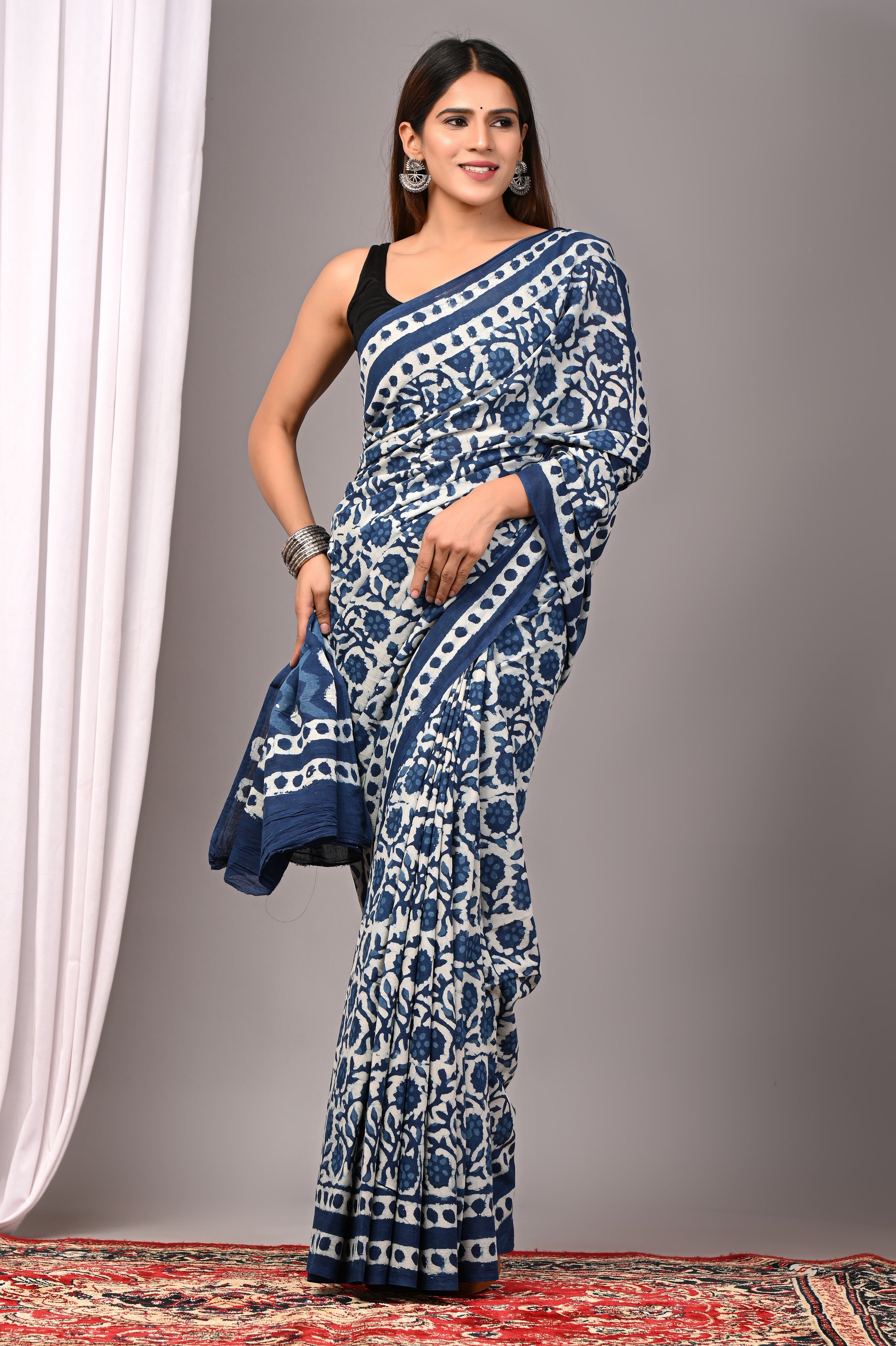 Indigo Blue Pure Cotton Hand-Printed Saree