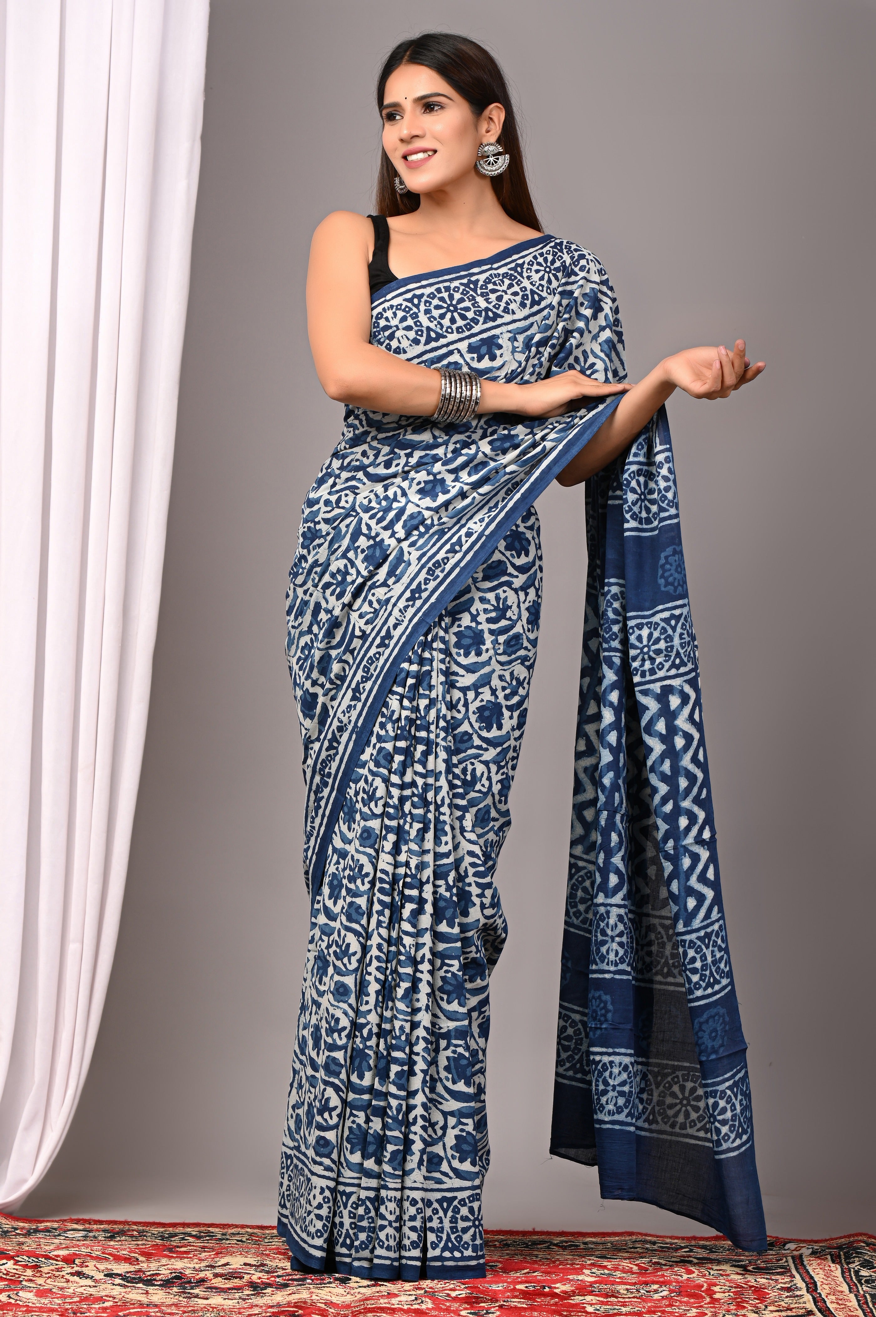 Indigo Blue Pure Cotton Hand-Printed Saree