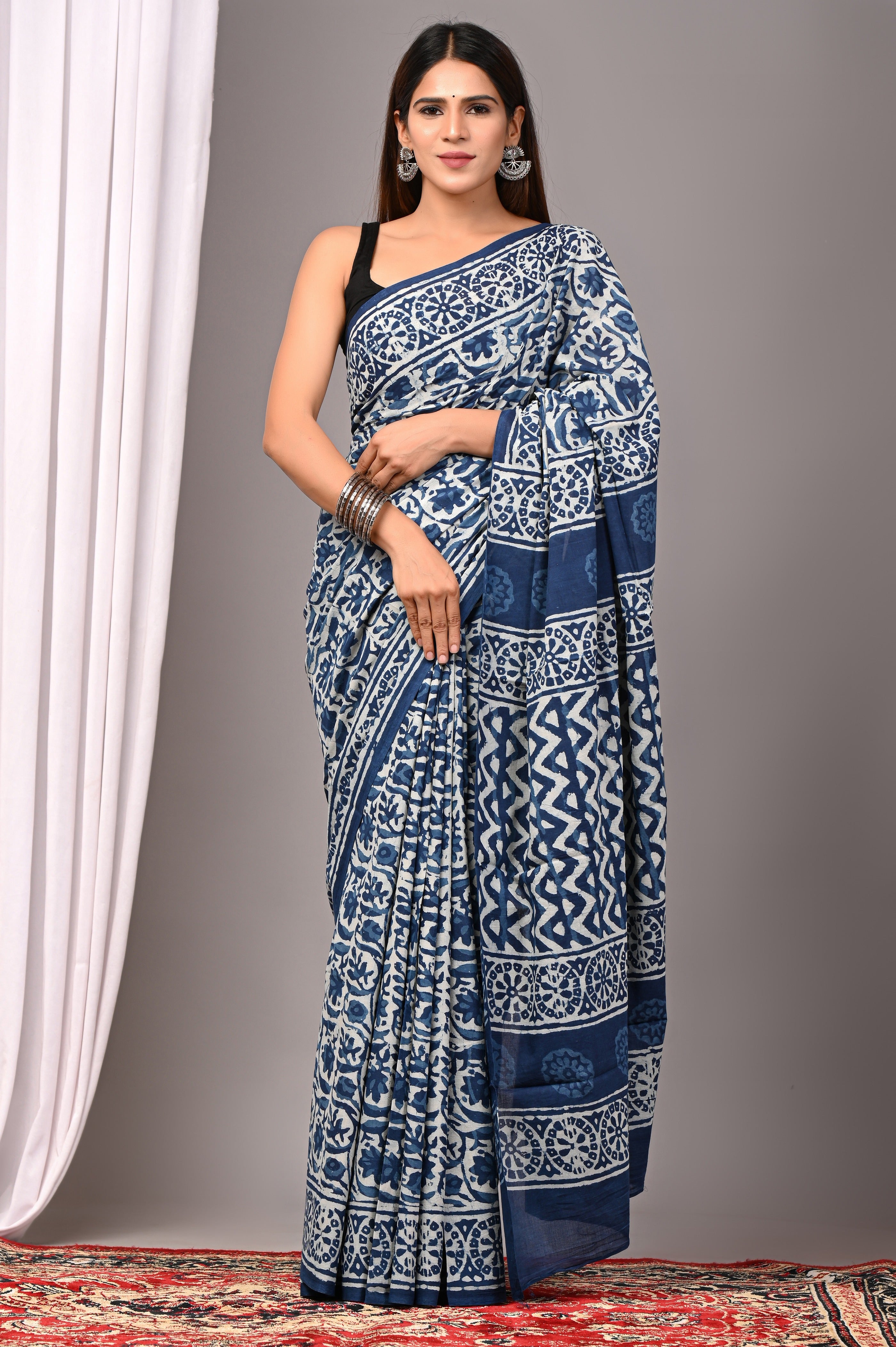 Indigo Blue Pure Cotton Hand-Printed Saree