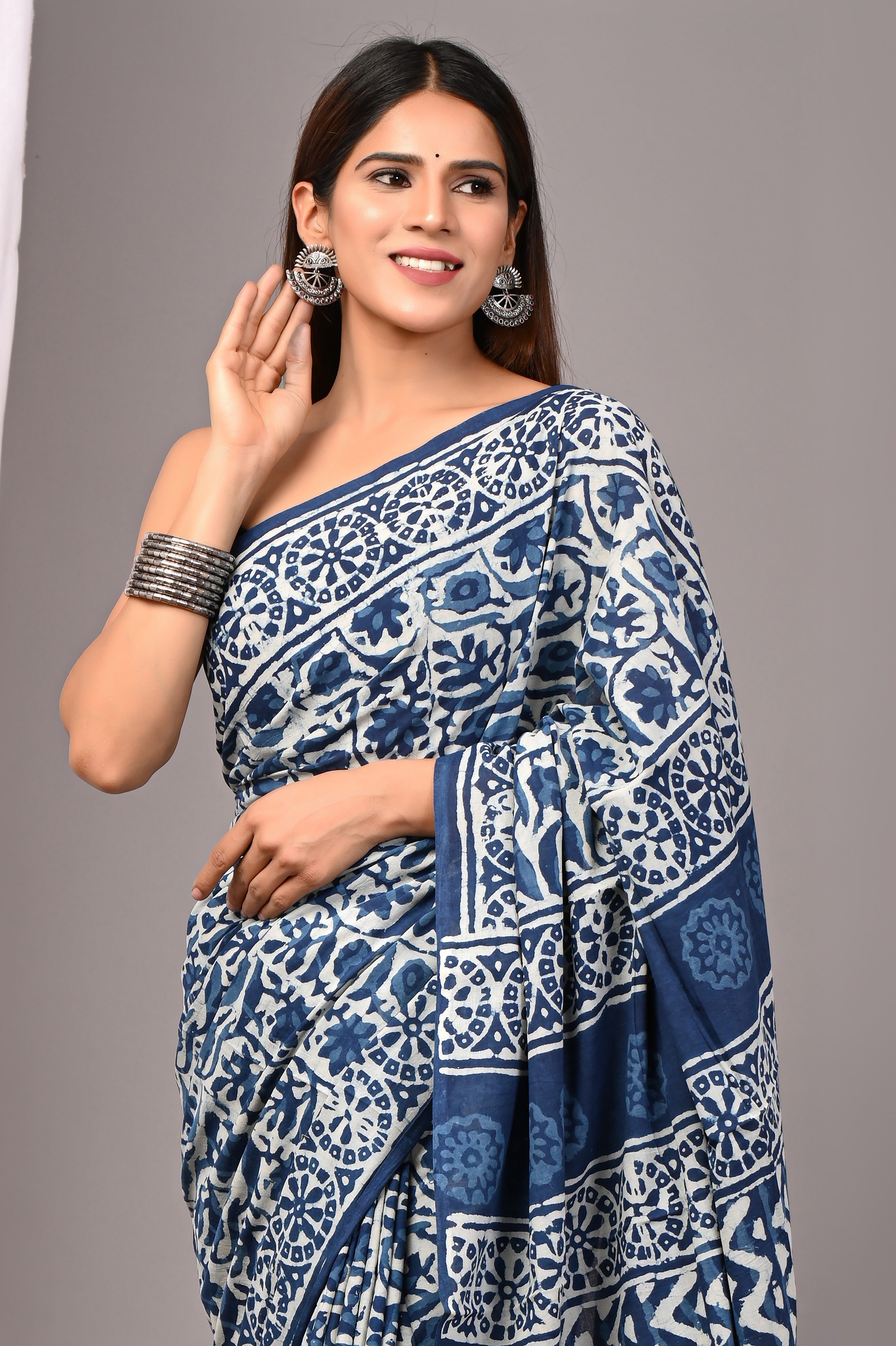 Indigo Blue Pure Cotton Hand-Printed Saree