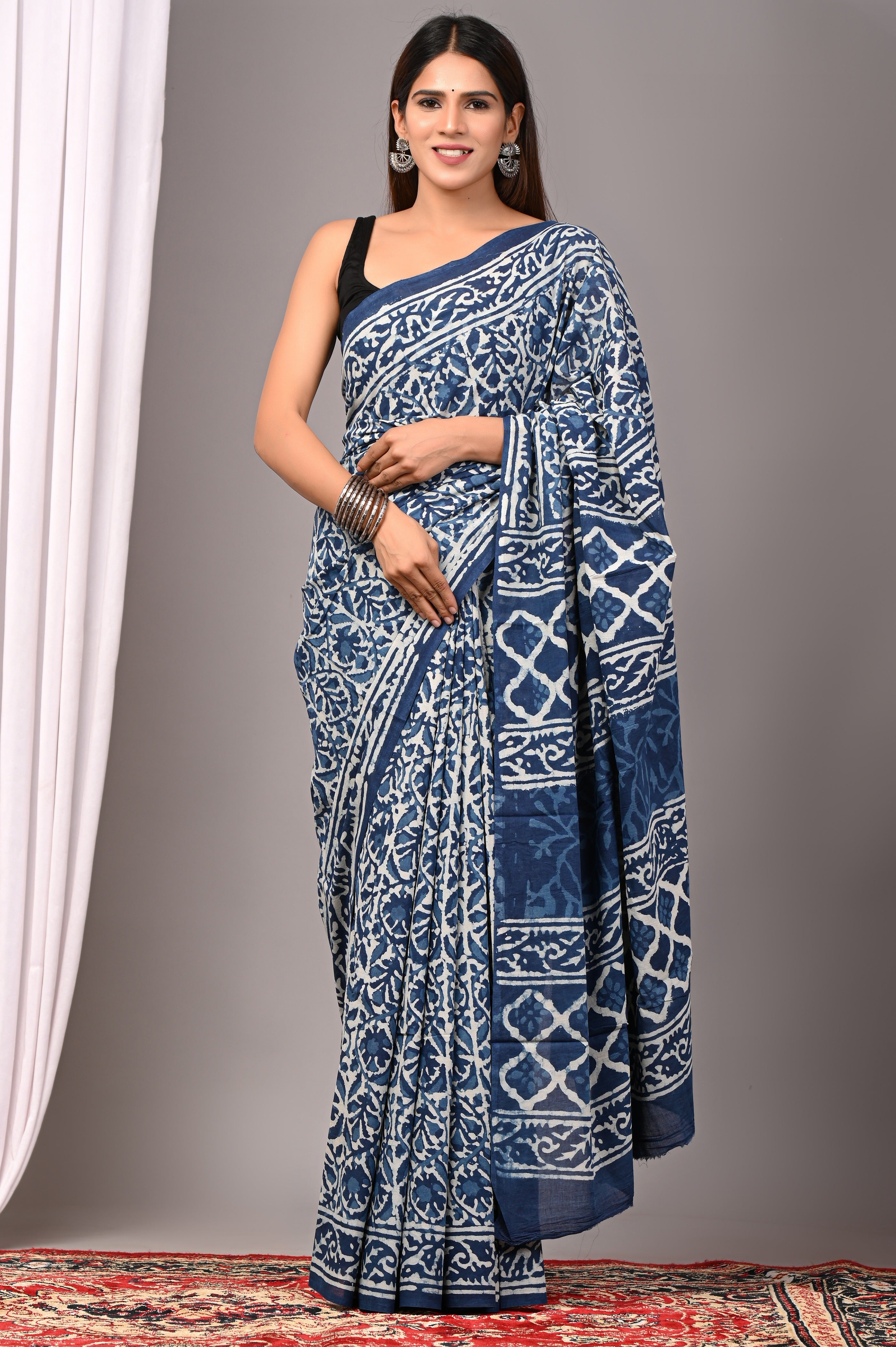 Indigo Blue Pure Cotton Hand-Printed Saree