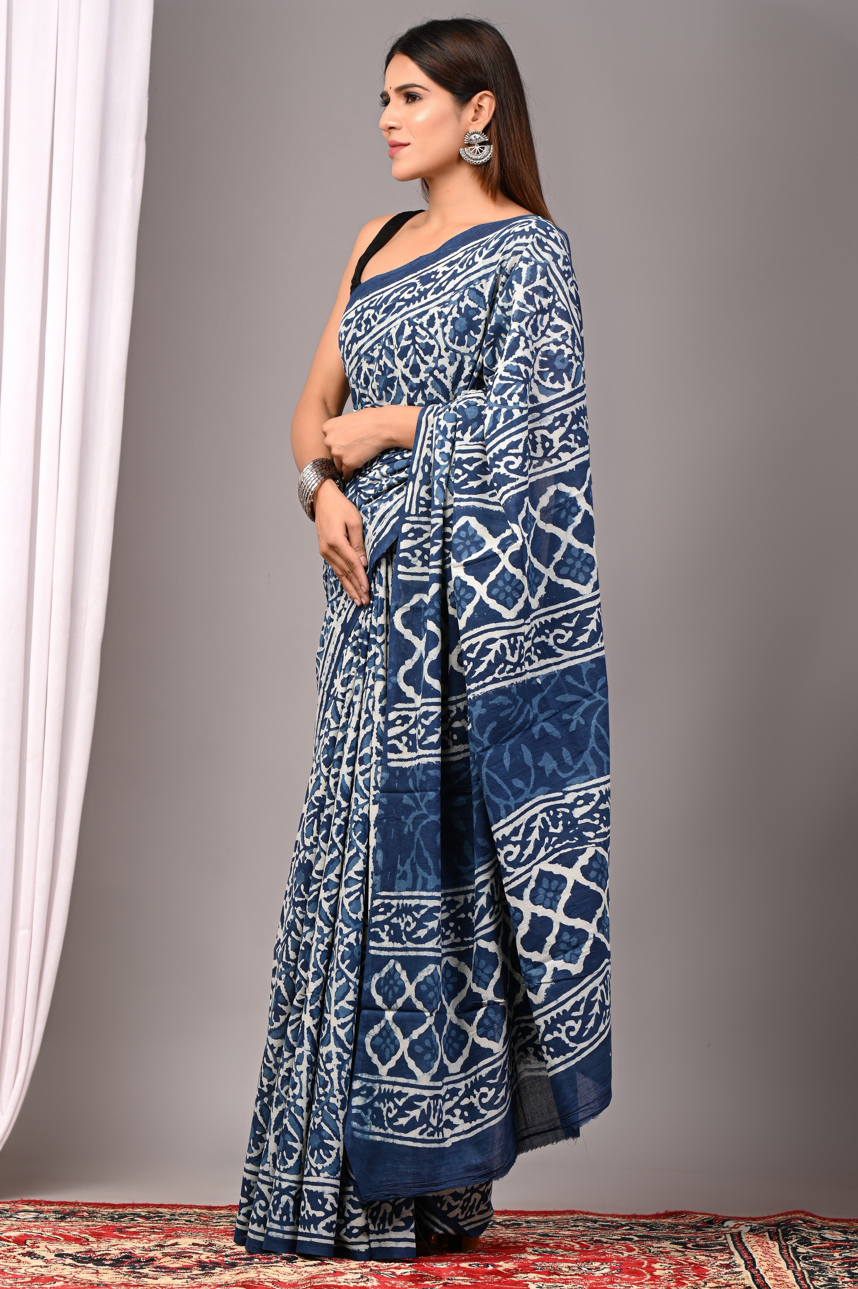 Indigo Blue Pure Cotton Hand-Printed Saree