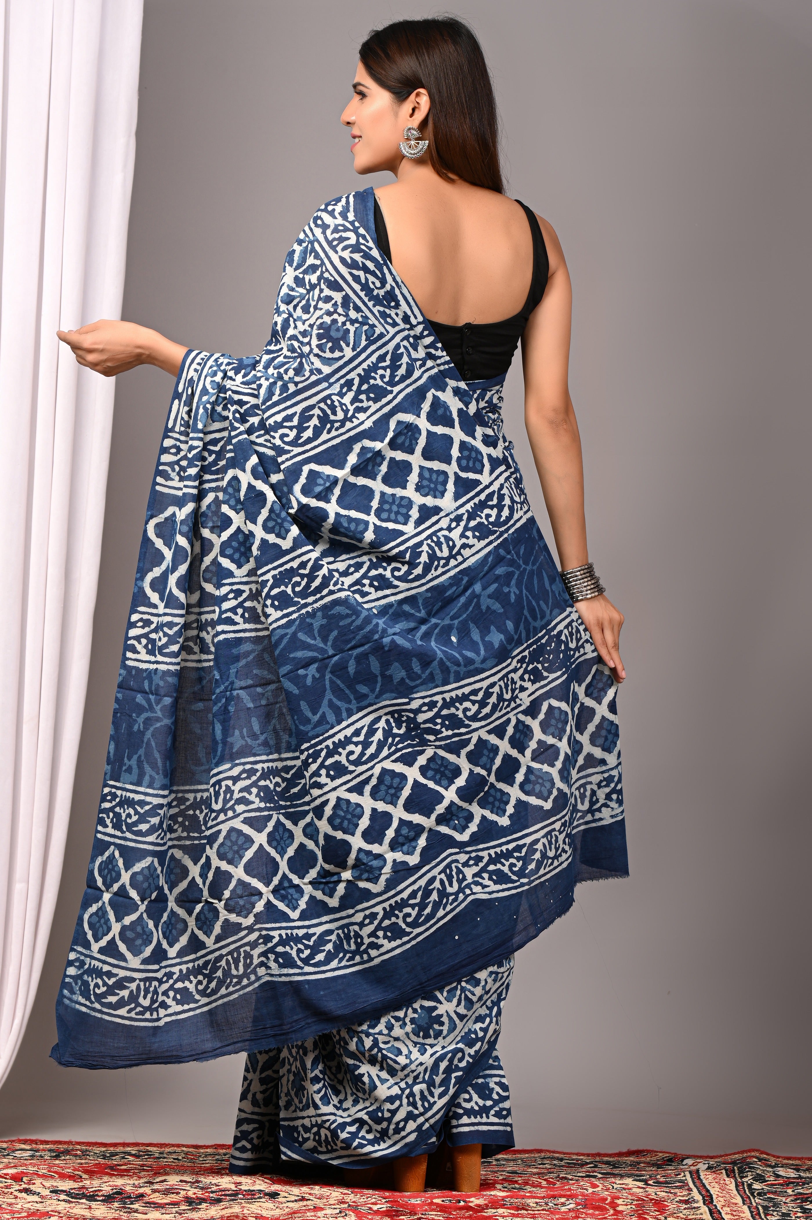 Indigo Blue Pure Cotton Hand-Printed Saree