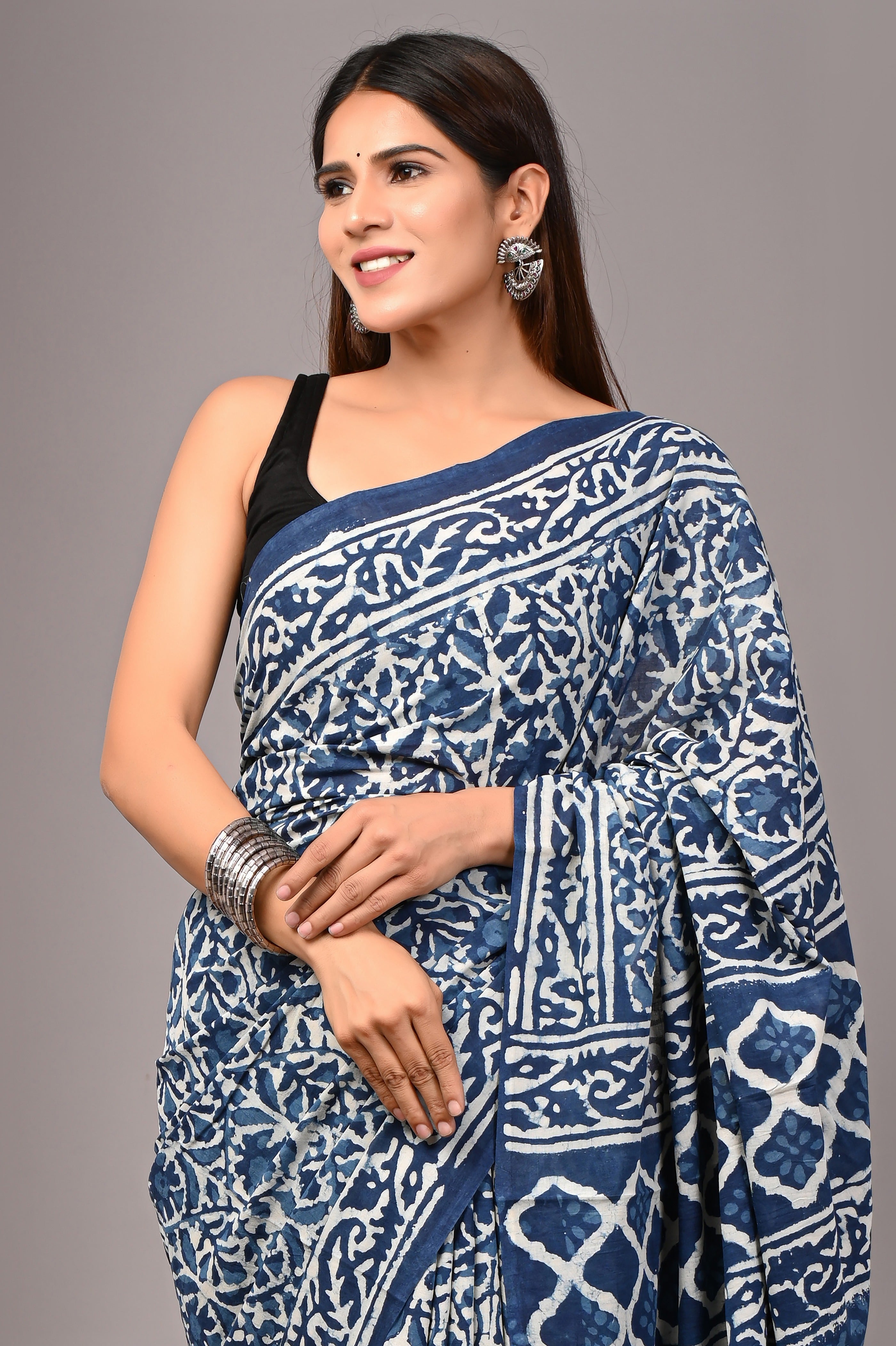 Indigo Blue Pure Cotton Hand-Printed Saree
