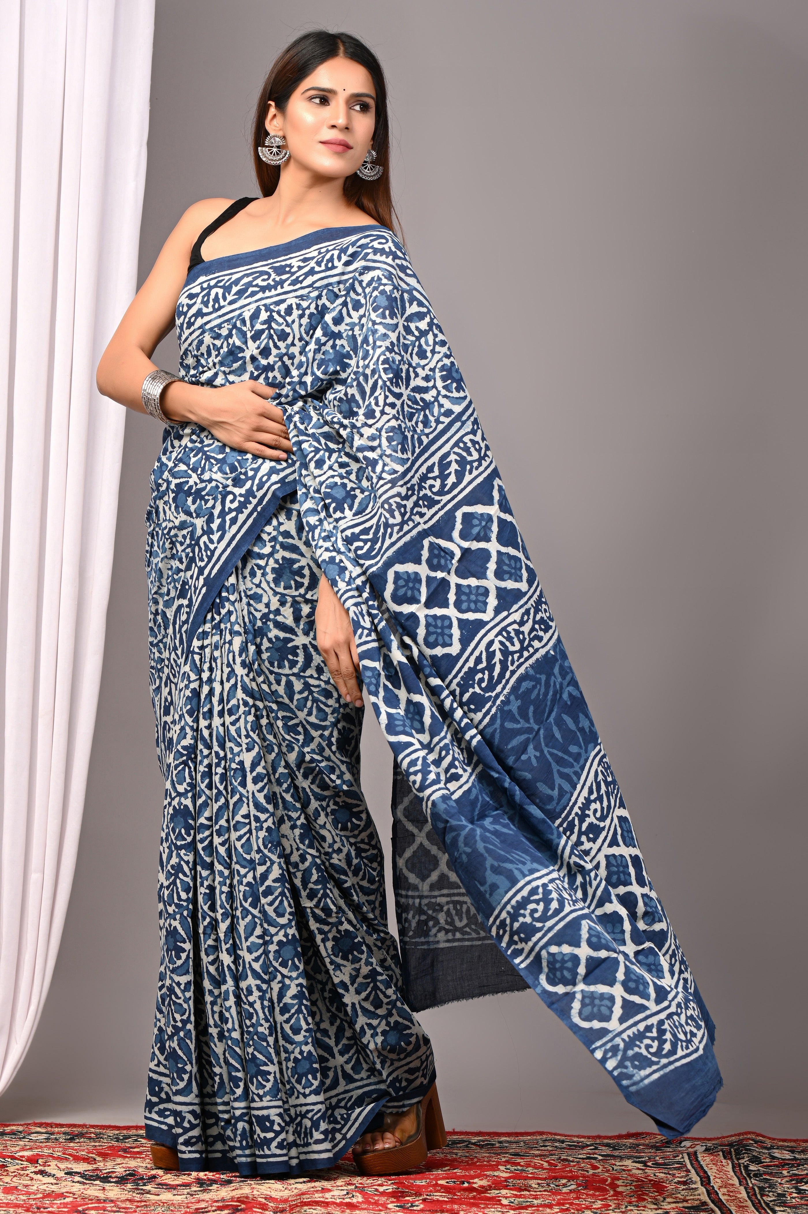 Indigo Blue Pure Cotton Hand-Printed Saree