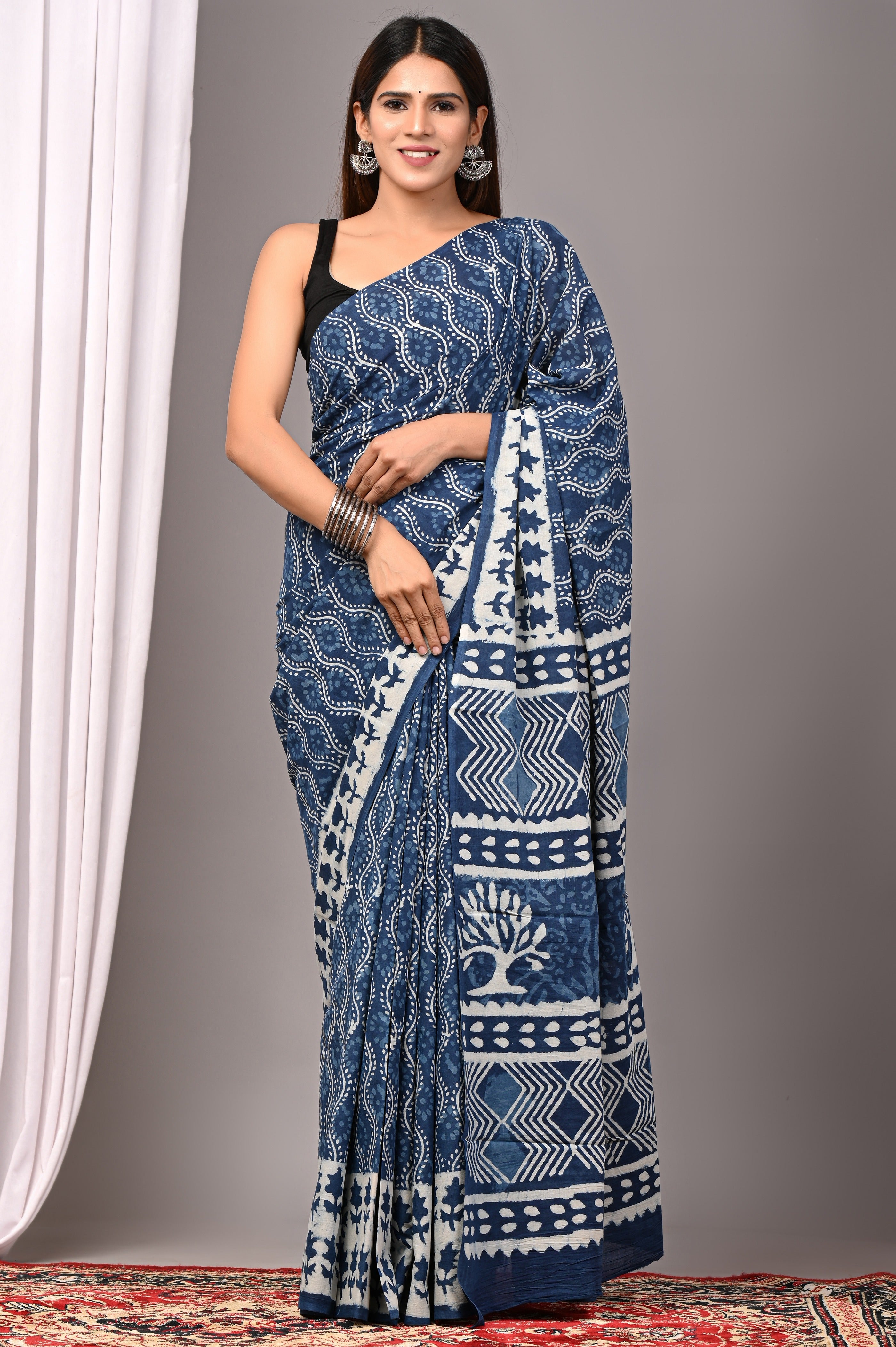 Indigo Blue Pure Cotton Hand-Printed Saree