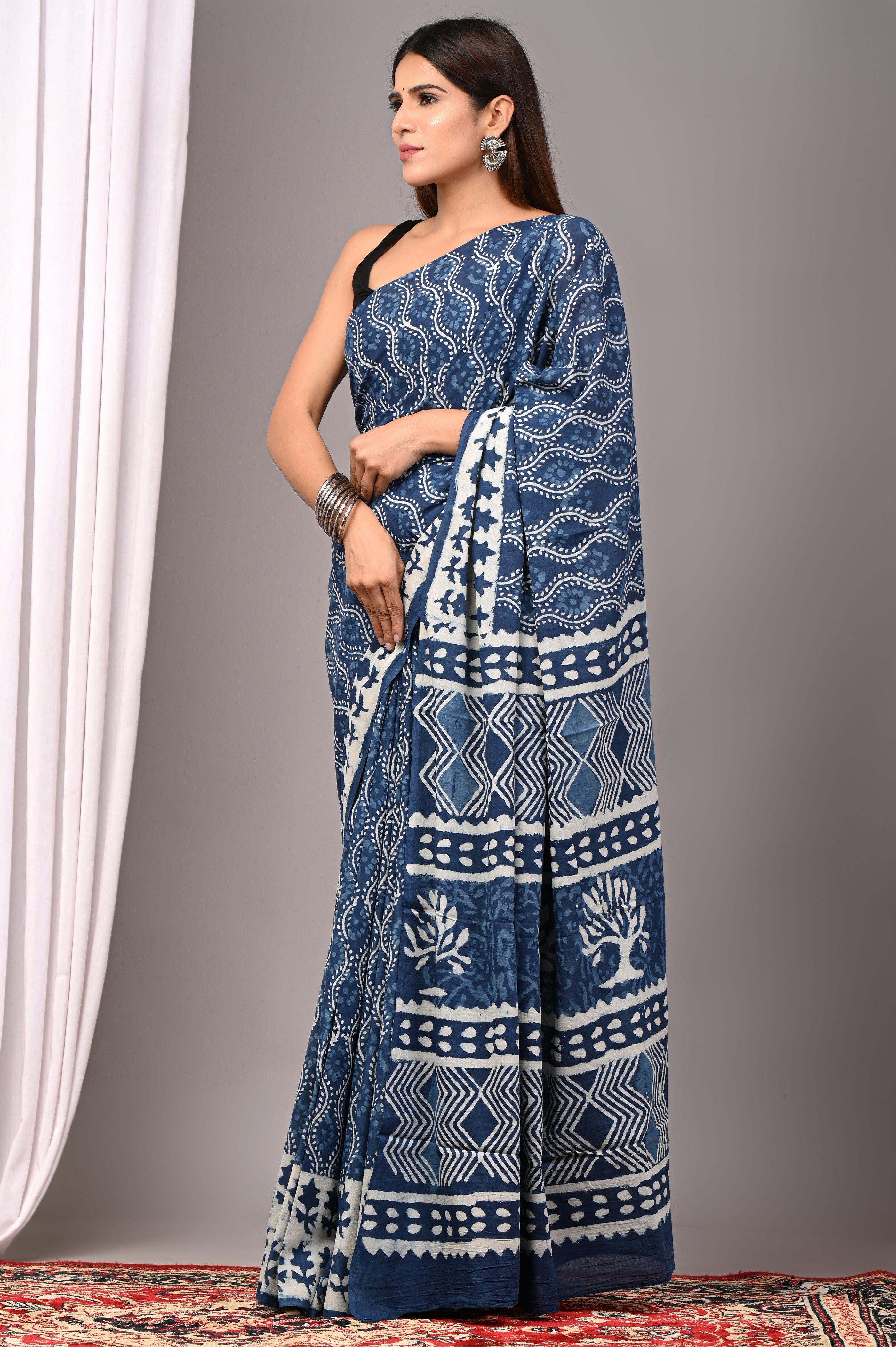 Indigo Blue Pure Cotton Hand-Printed Saree