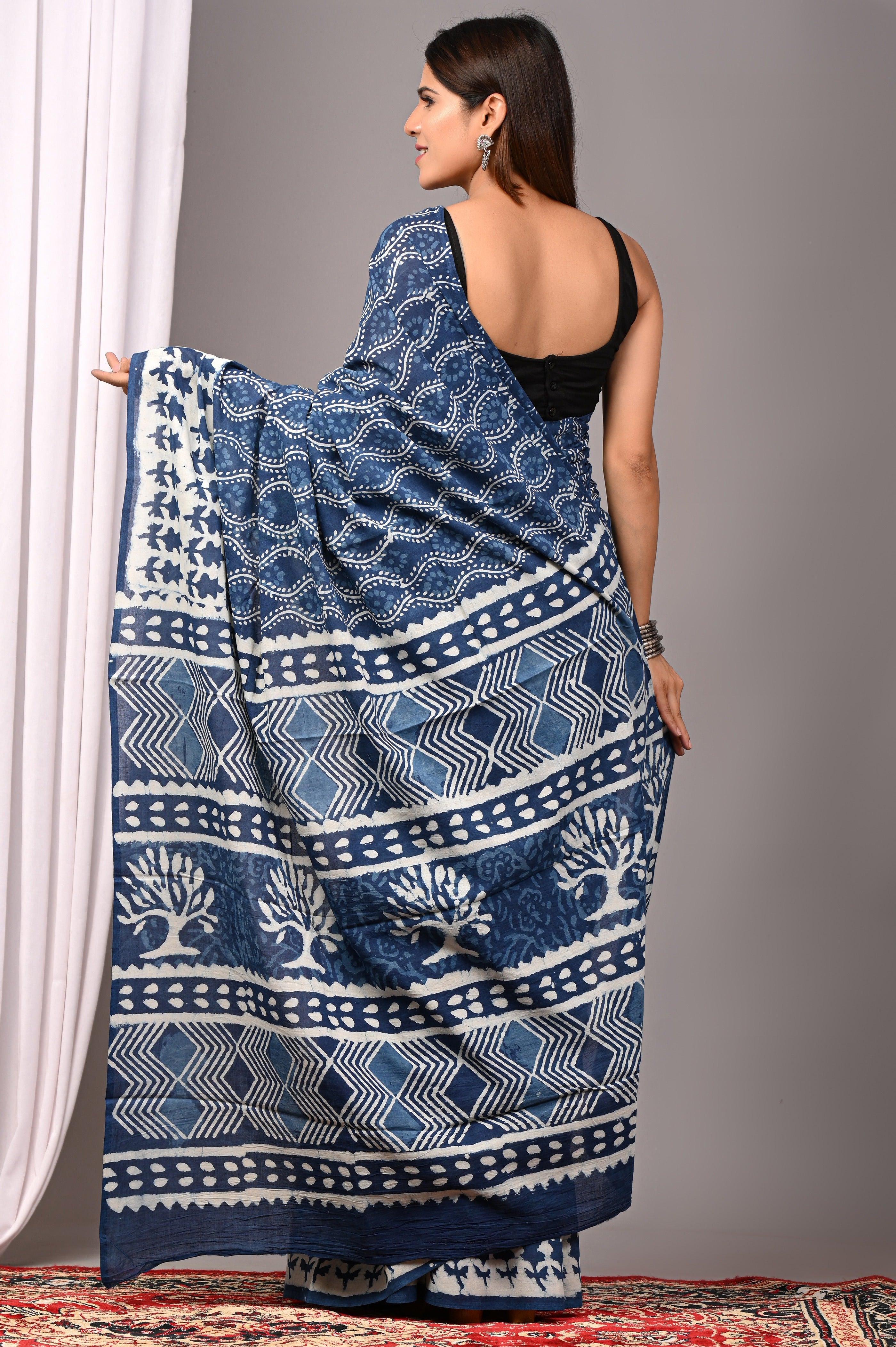 Indigo Blue Pure Cotton Hand-Printed Saree