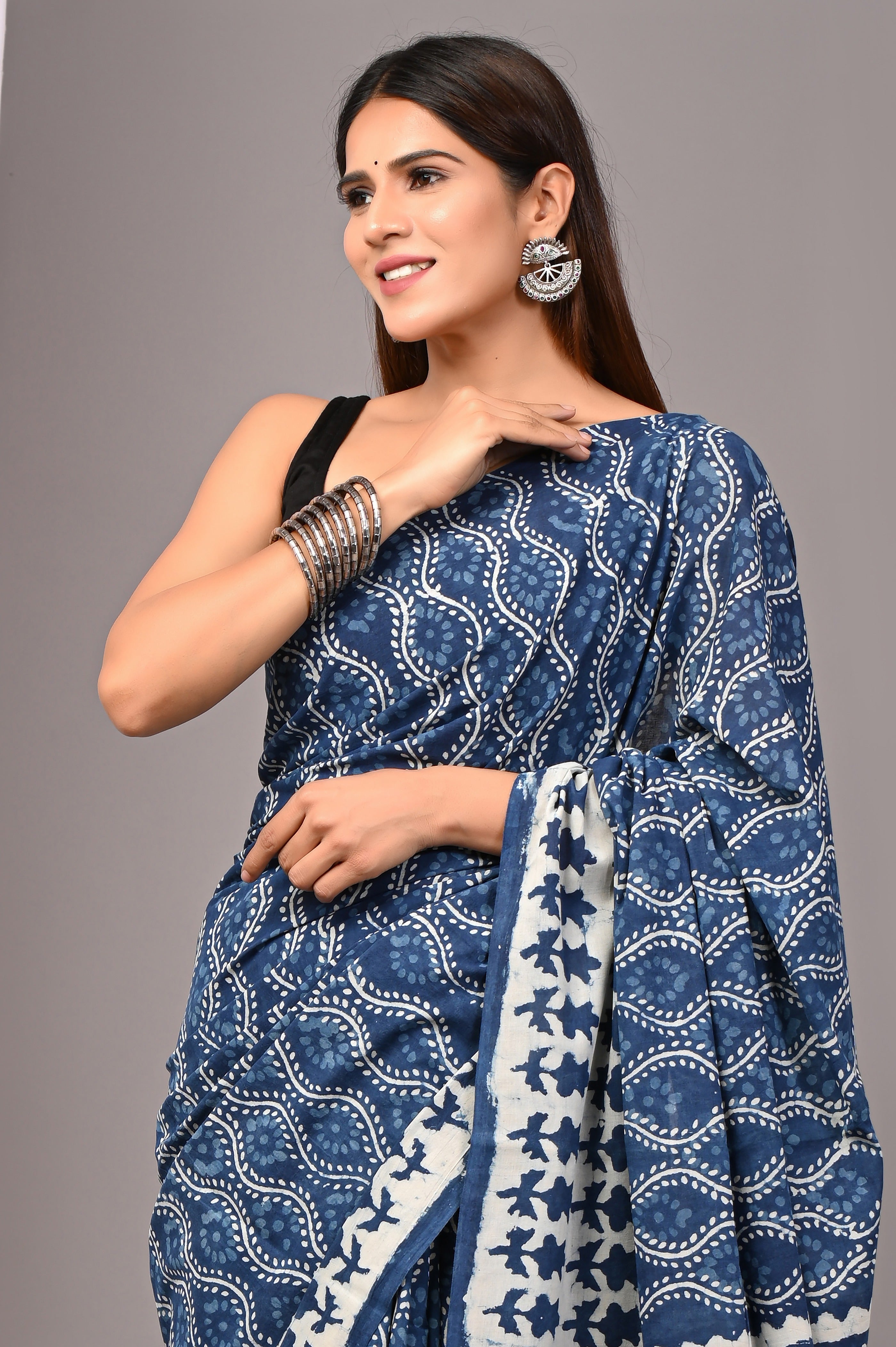 Indigo Blue Pure Cotton Hand-Printed Saree
