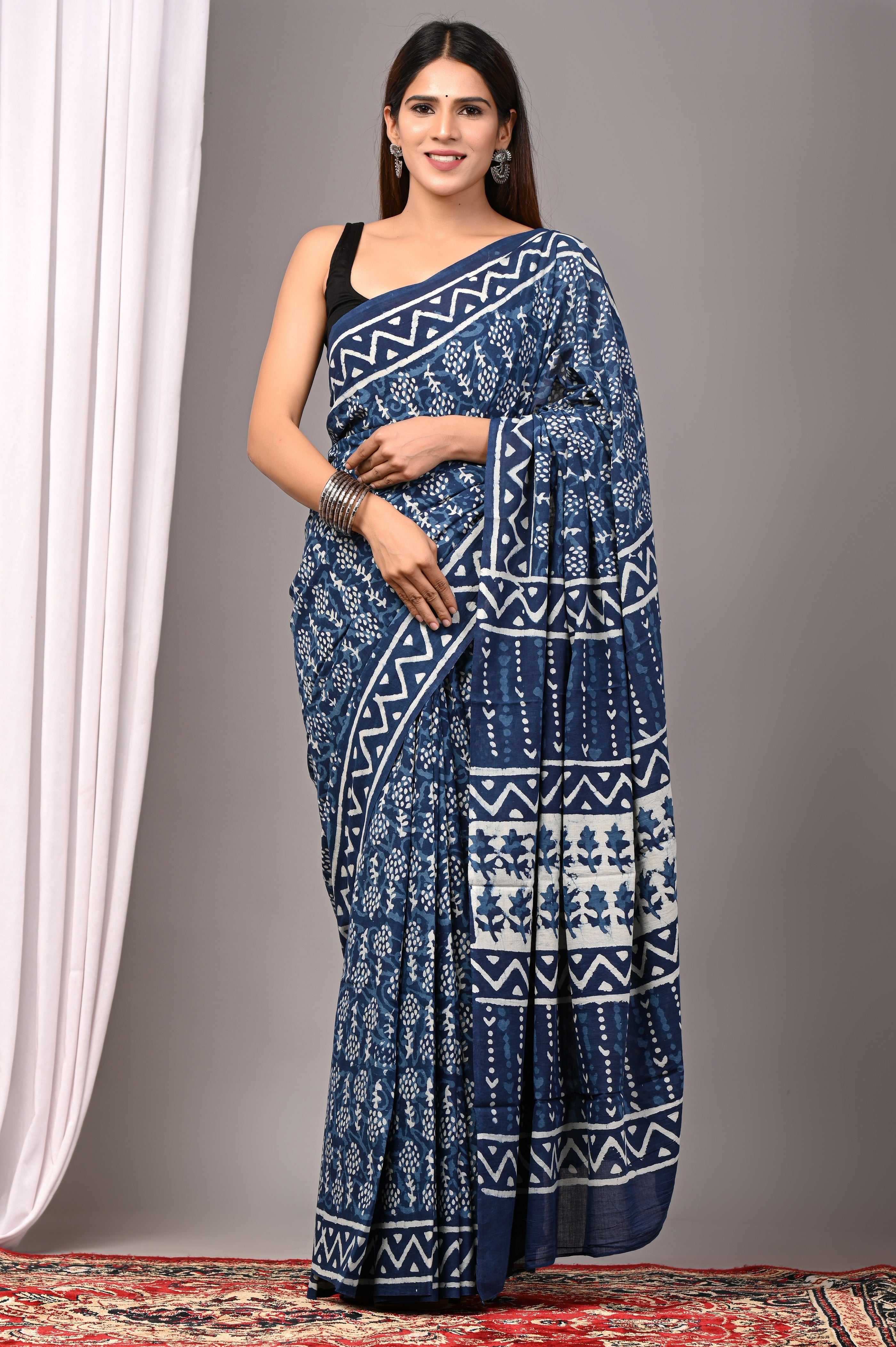 Indigo Blue Pure Cotton Hand-Printed Saree