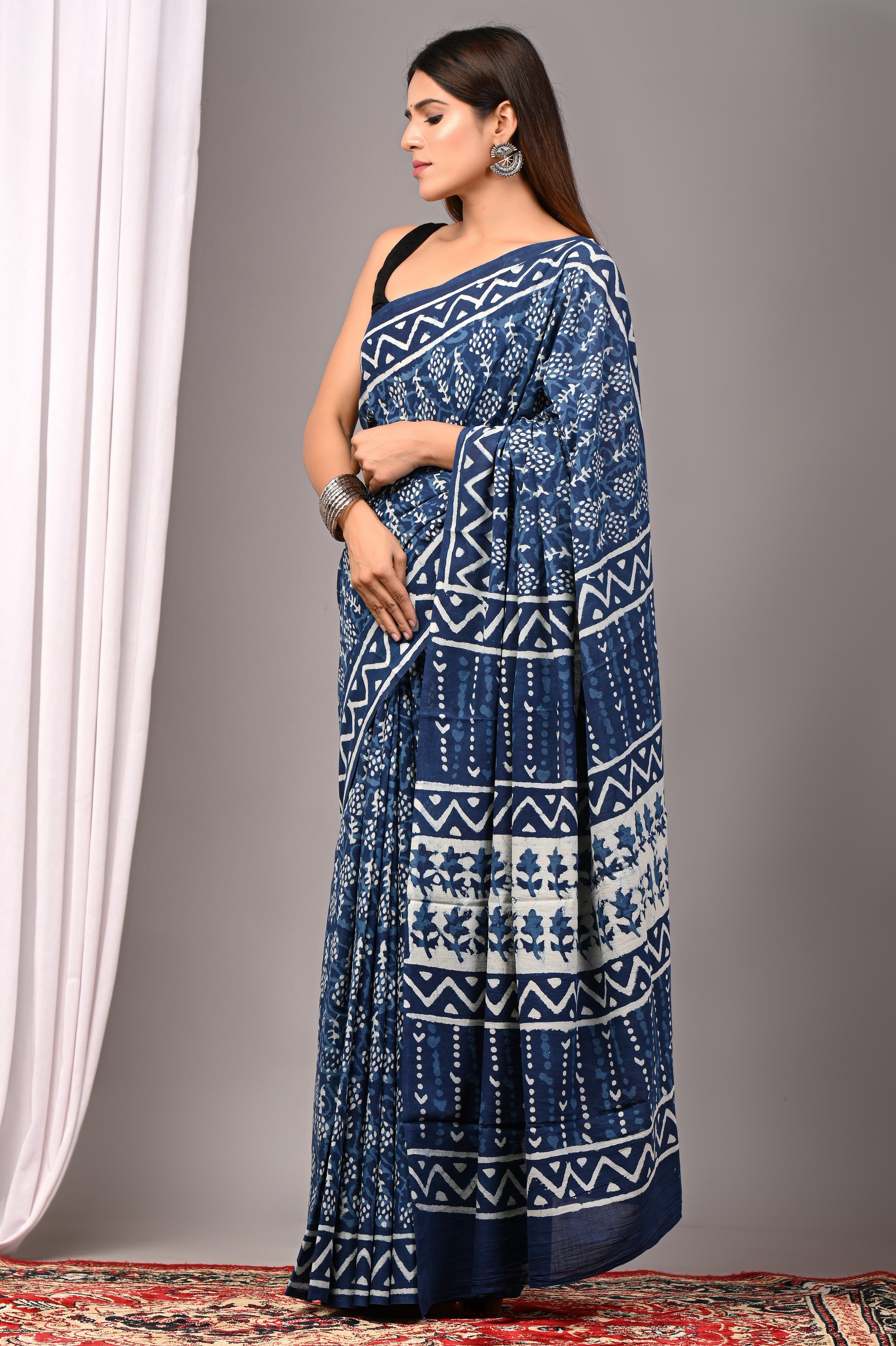 Indigo Blue Pure Cotton Hand-Printed Saree