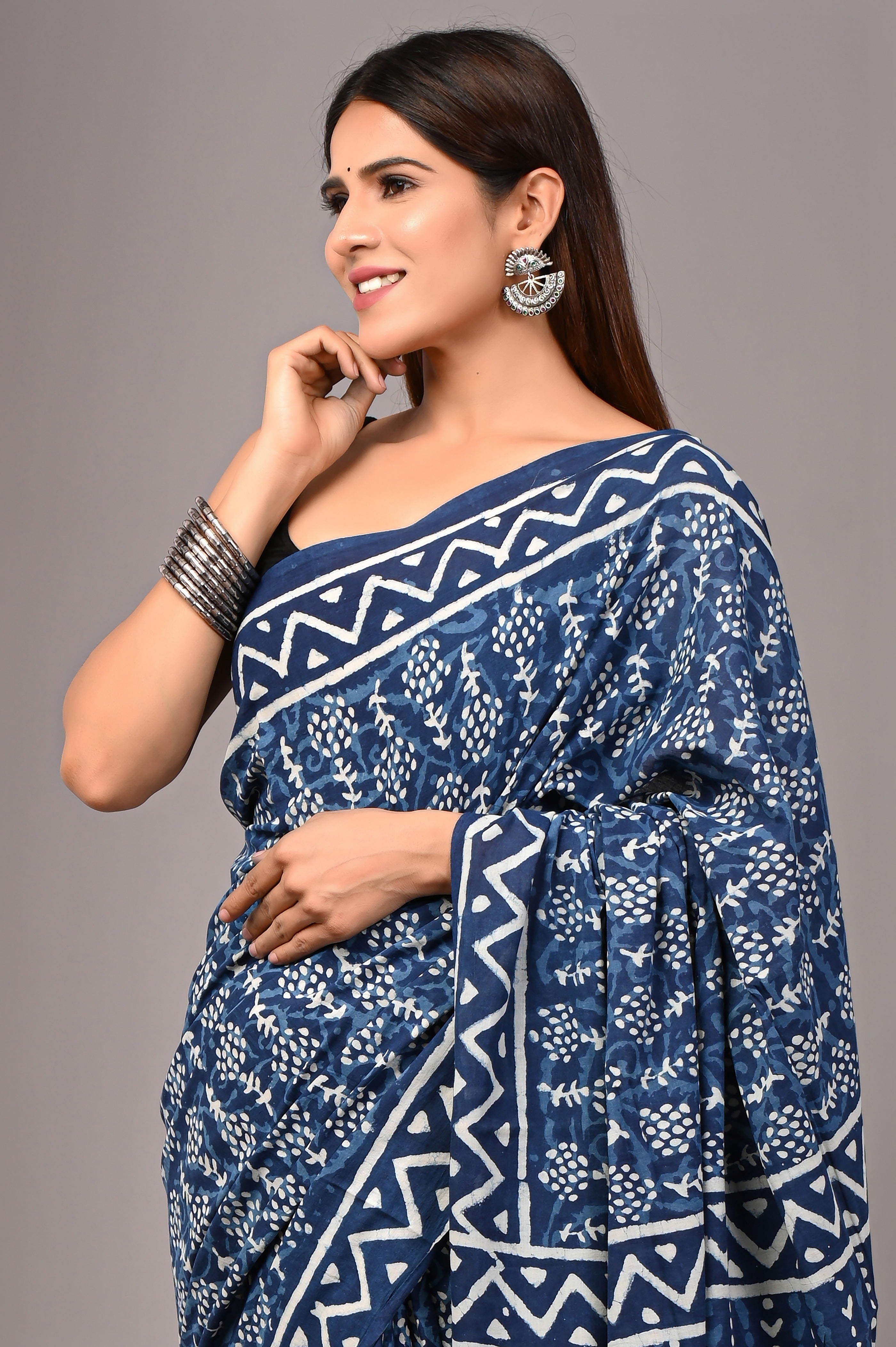 Indigo Blue Pure Cotton Hand-Printed Saree