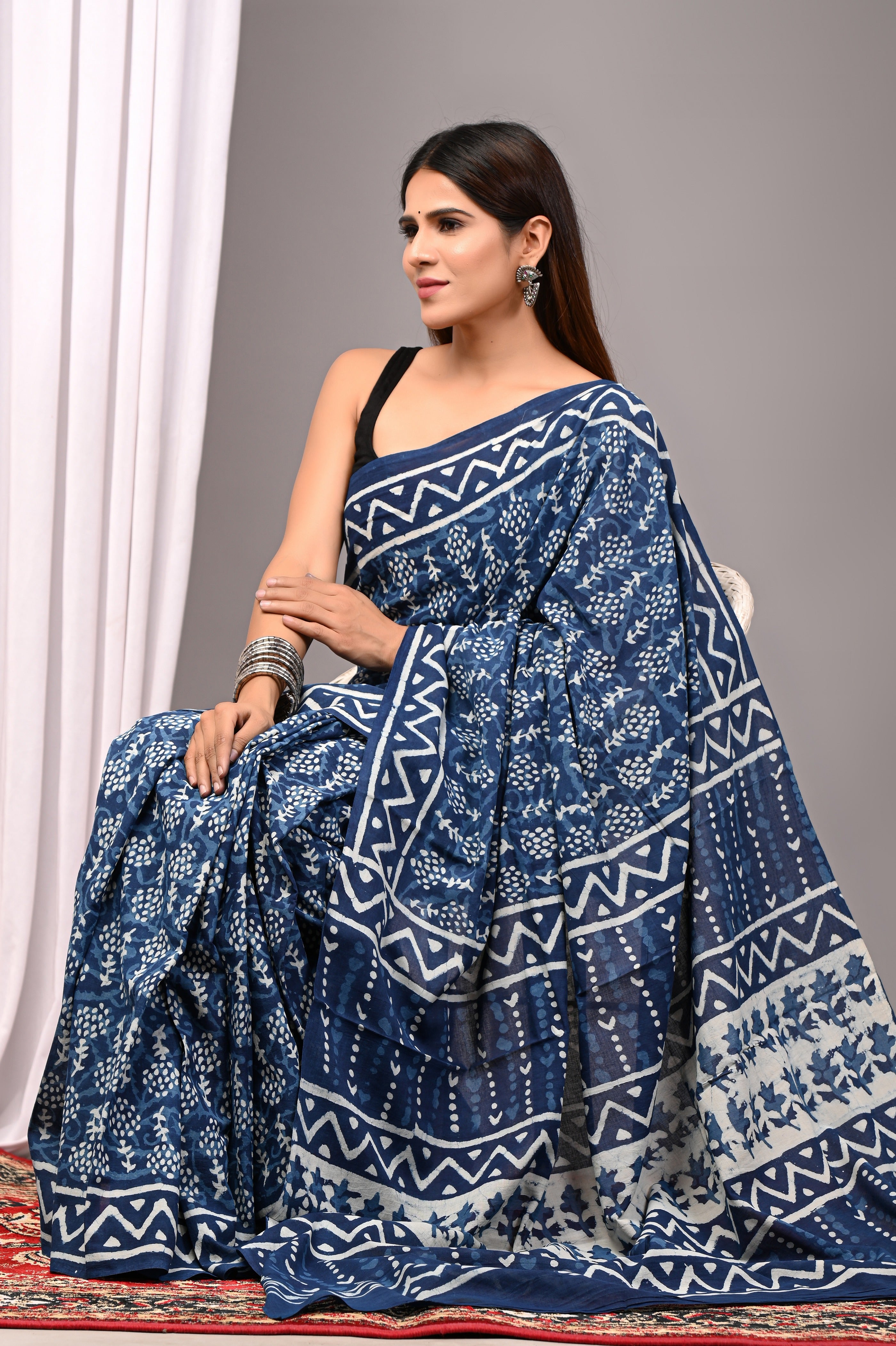 Indigo Blue Pure Cotton Hand-Printed Saree