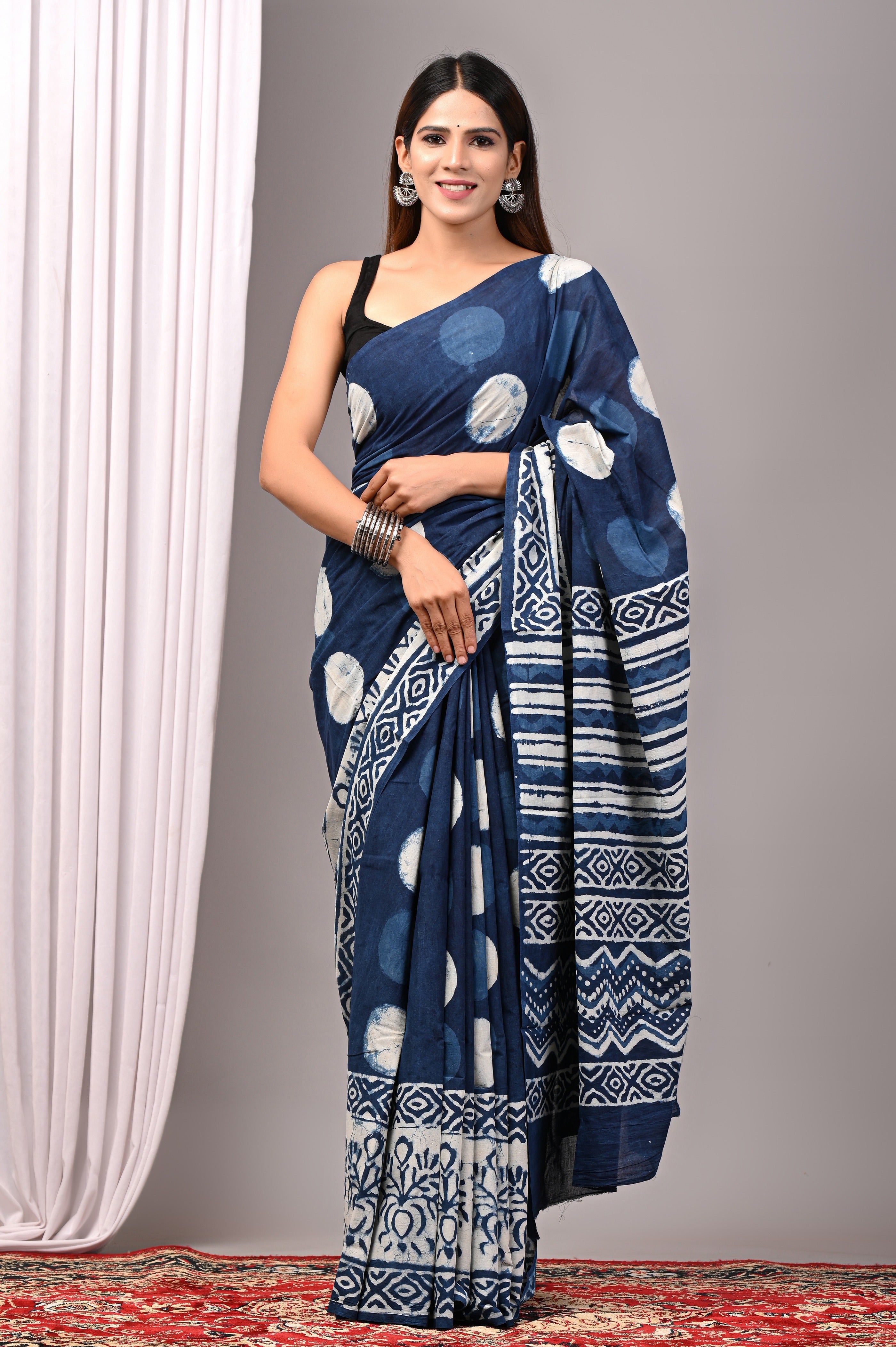 Indigo Blue Pure Cotton Hand-Printed Saree