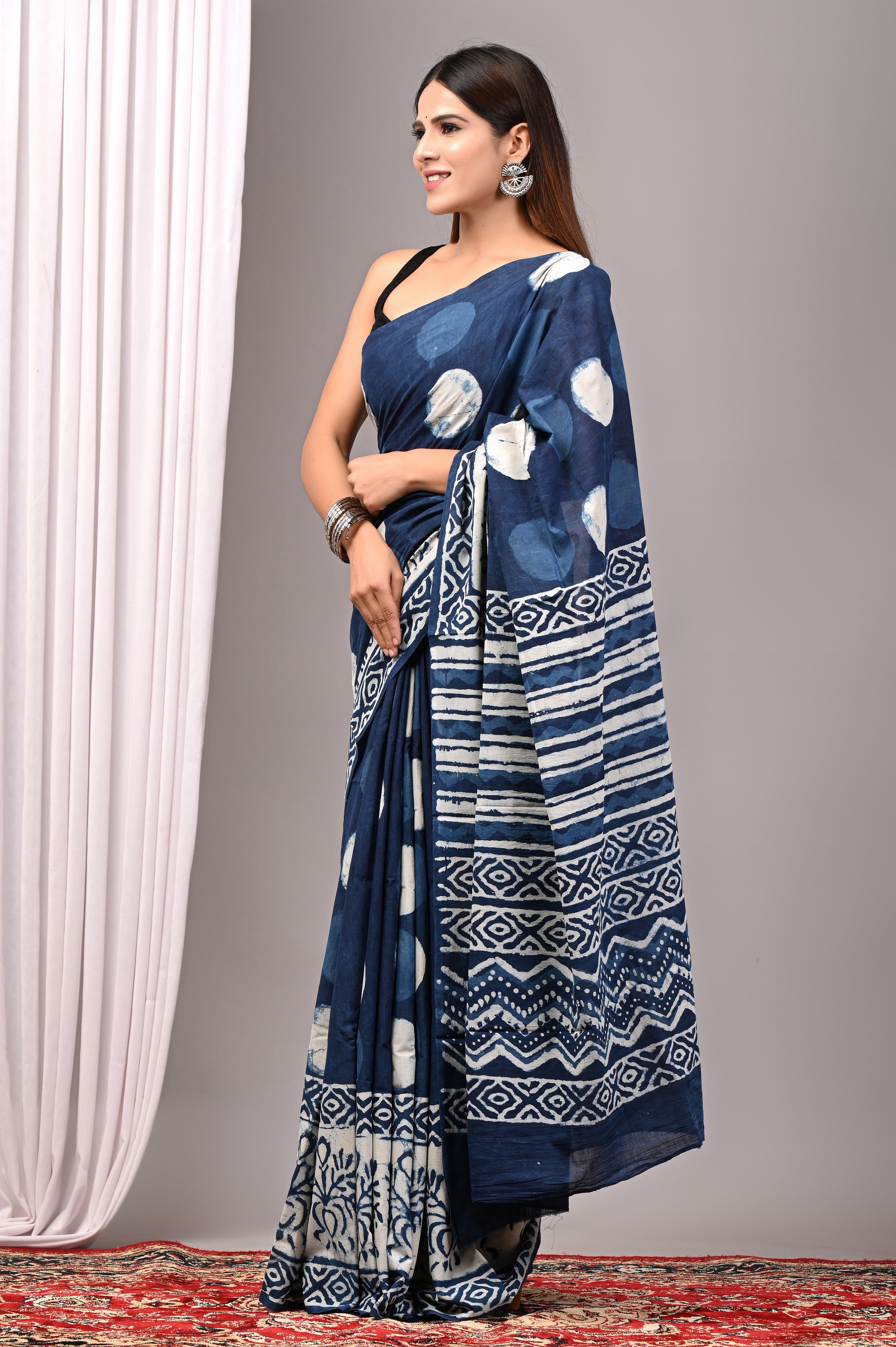 Indigo Blue Pure Cotton Hand-Printed Saree