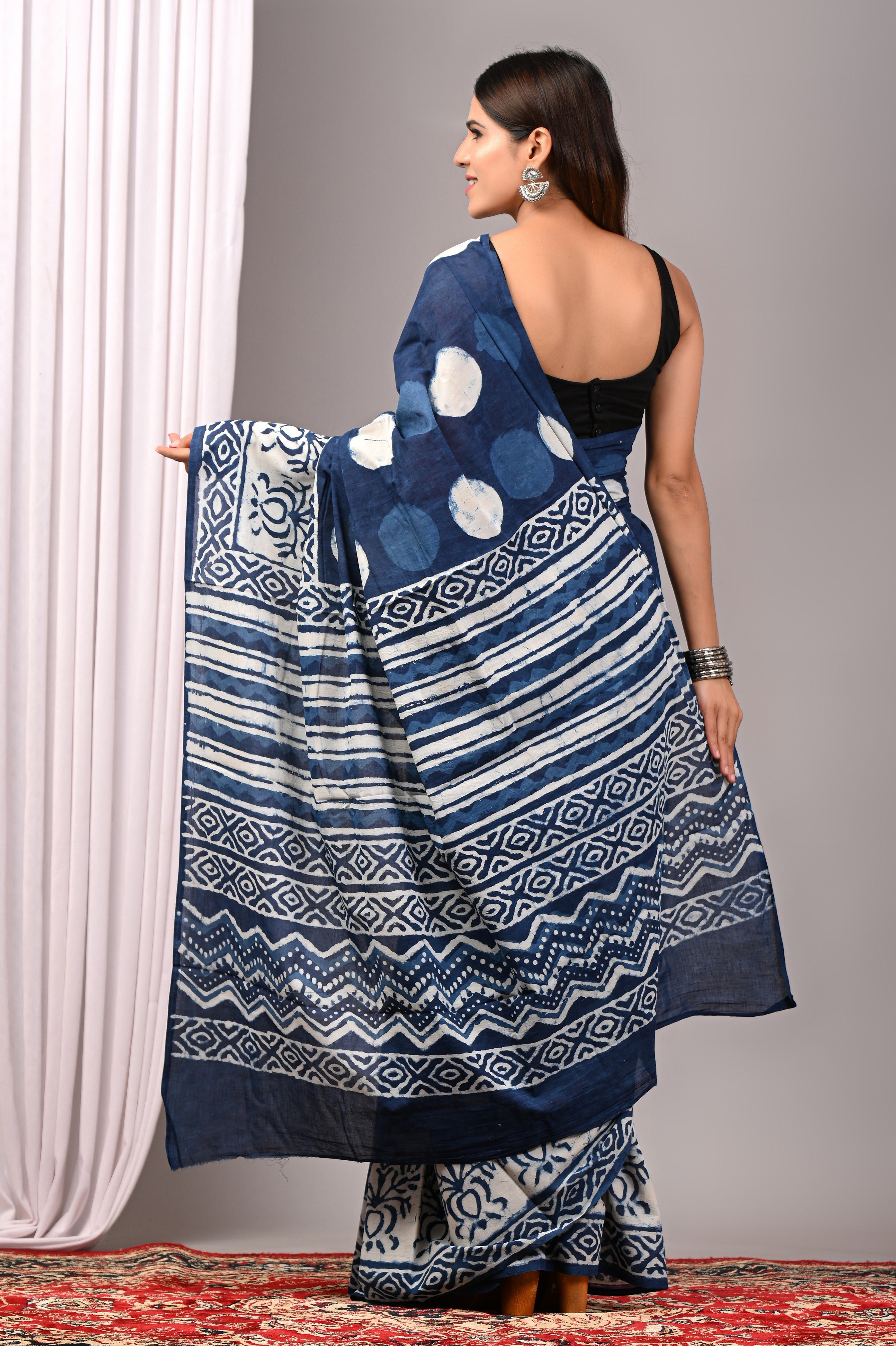Indigo Blue Pure Cotton Hand-Printed Saree