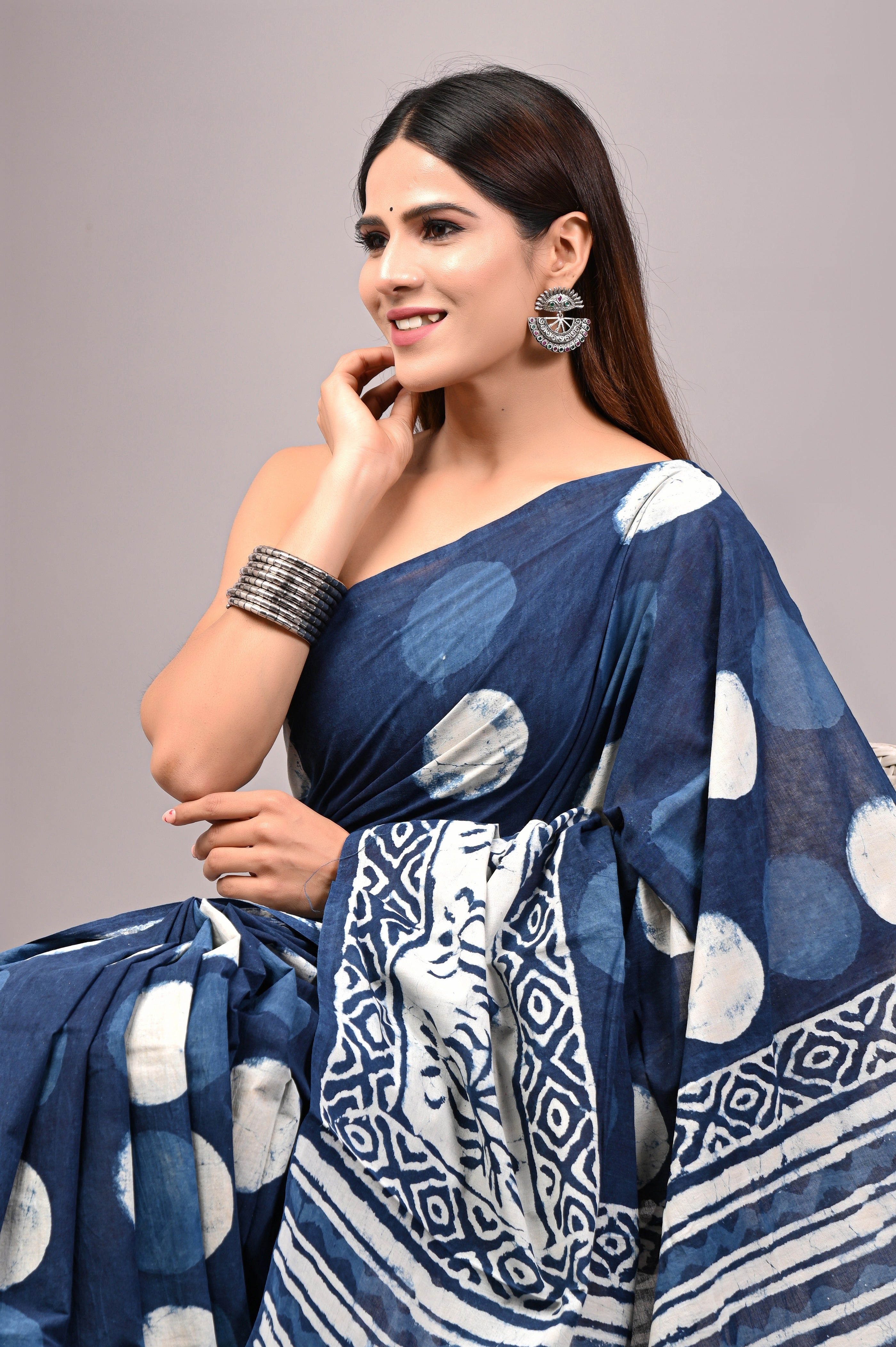Indigo Blue Pure Cotton Hand-Printed Saree