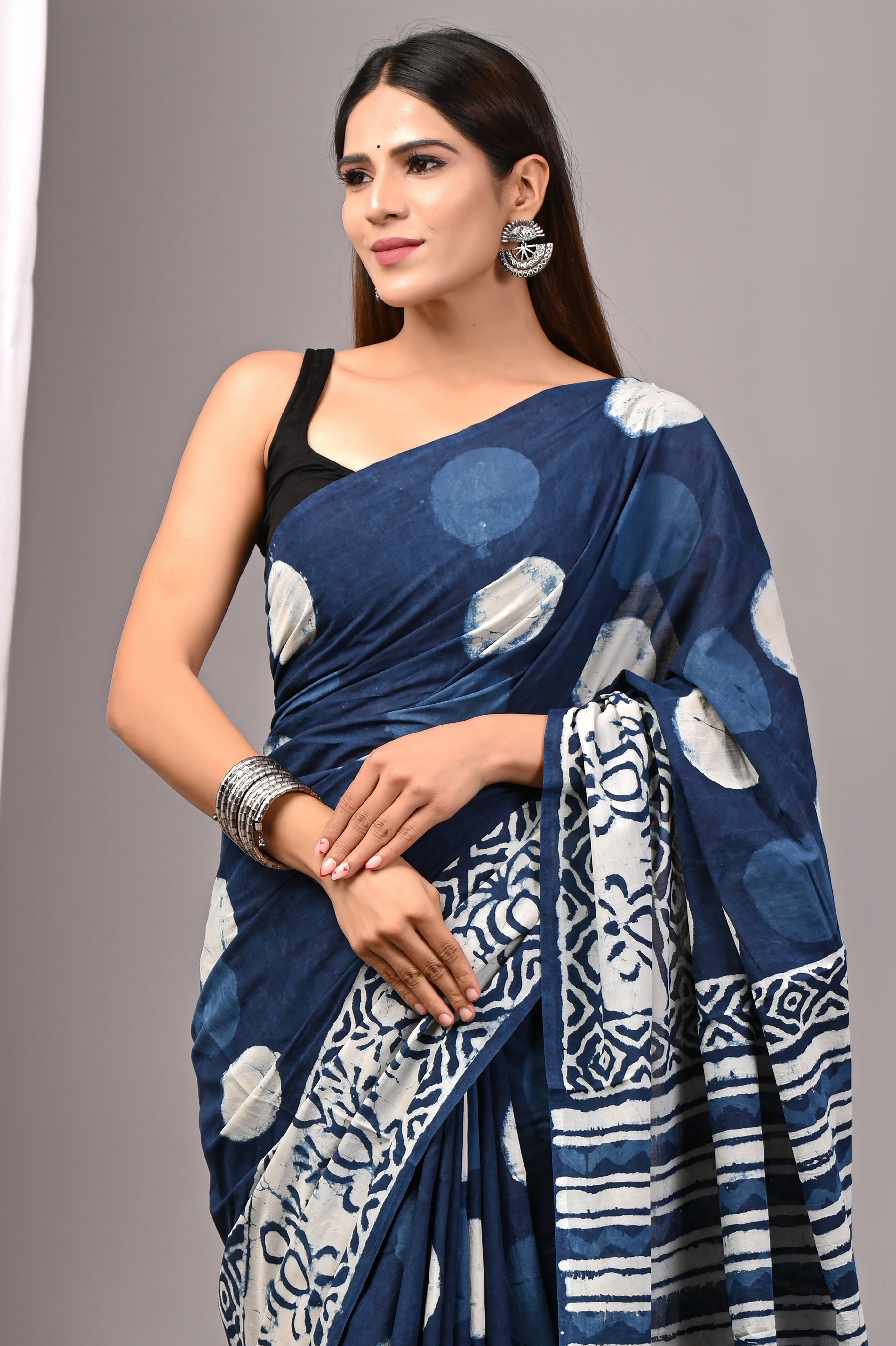 Indigo Blue Pure Cotton Hand-Printed Saree