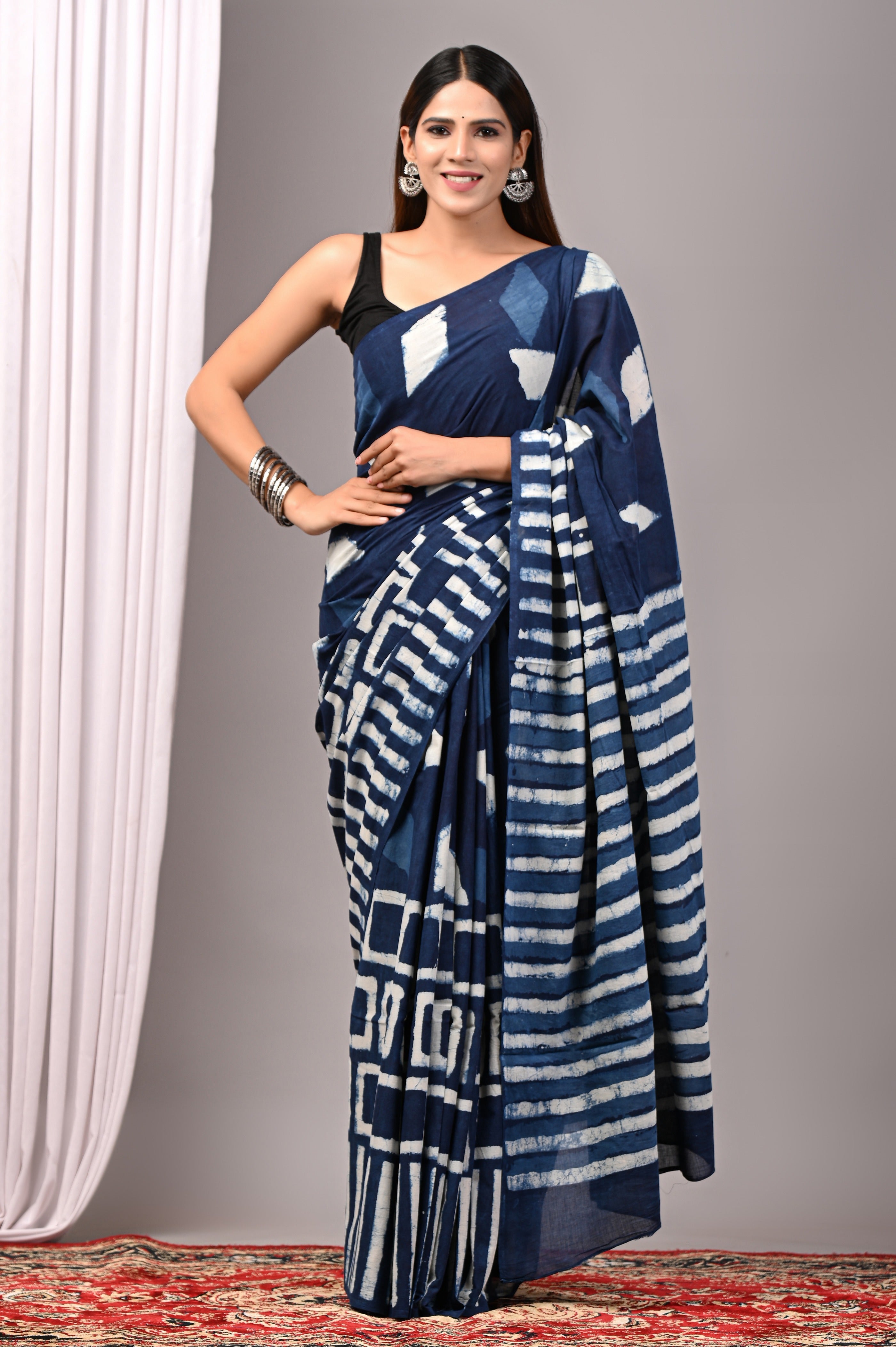 Indigo Blue Pure Cotton Hand-Printed Saree