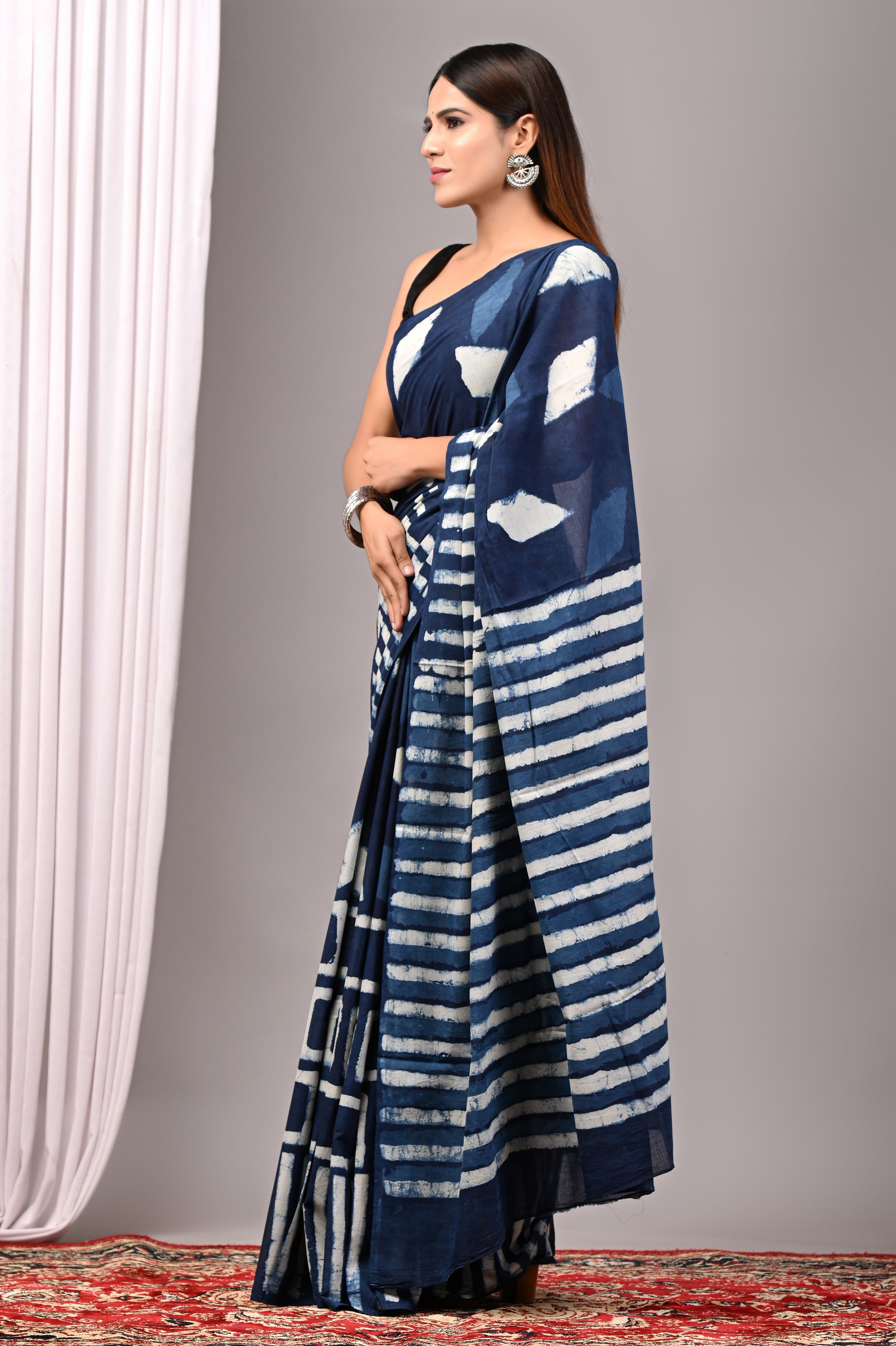 Indigo Blue Pure Cotton Hand-Printed Saree