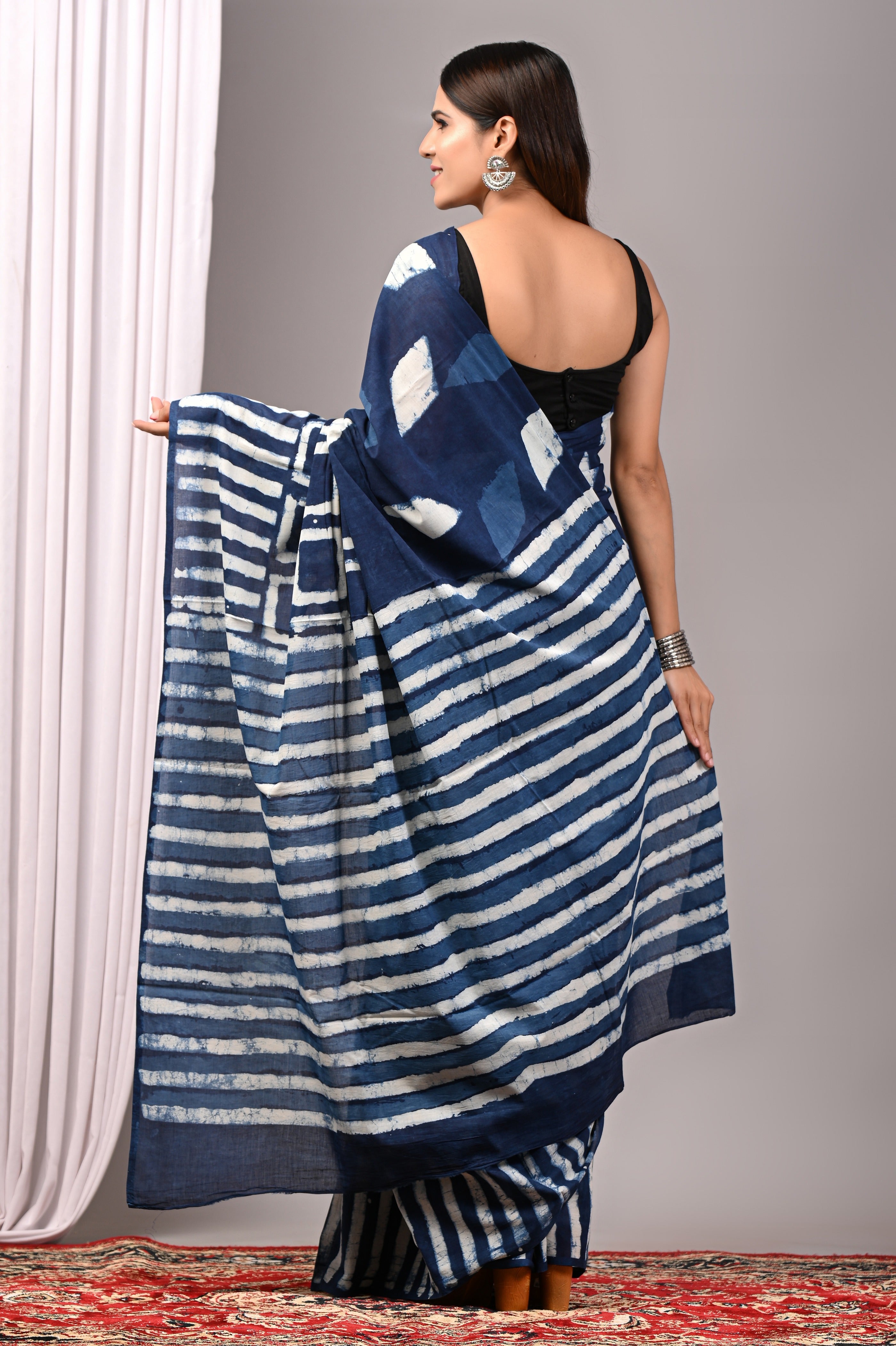 Indigo Blue Pure Cotton Hand-Printed Saree