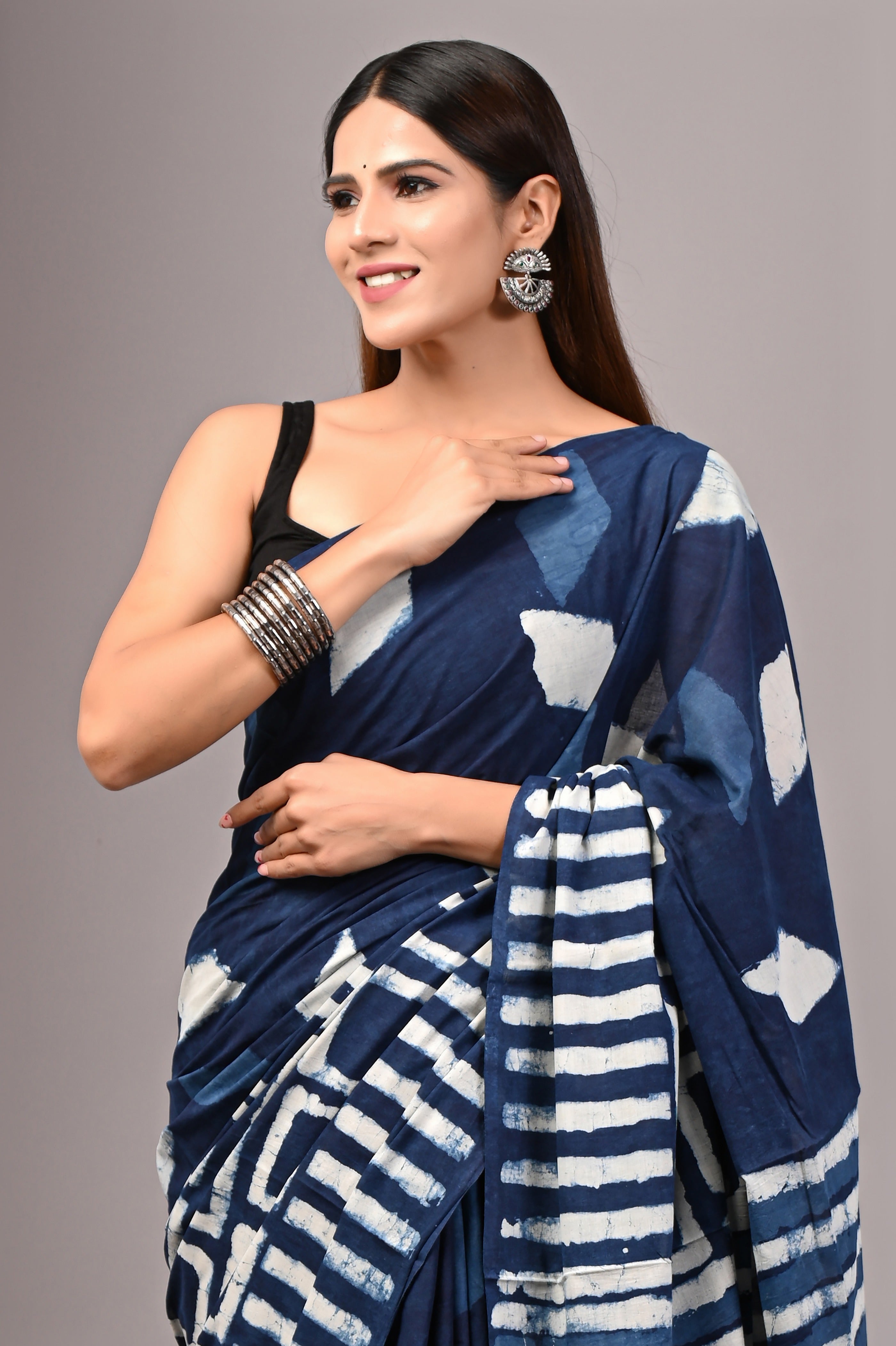 Indigo Blue Pure Cotton Hand-Printed Saree