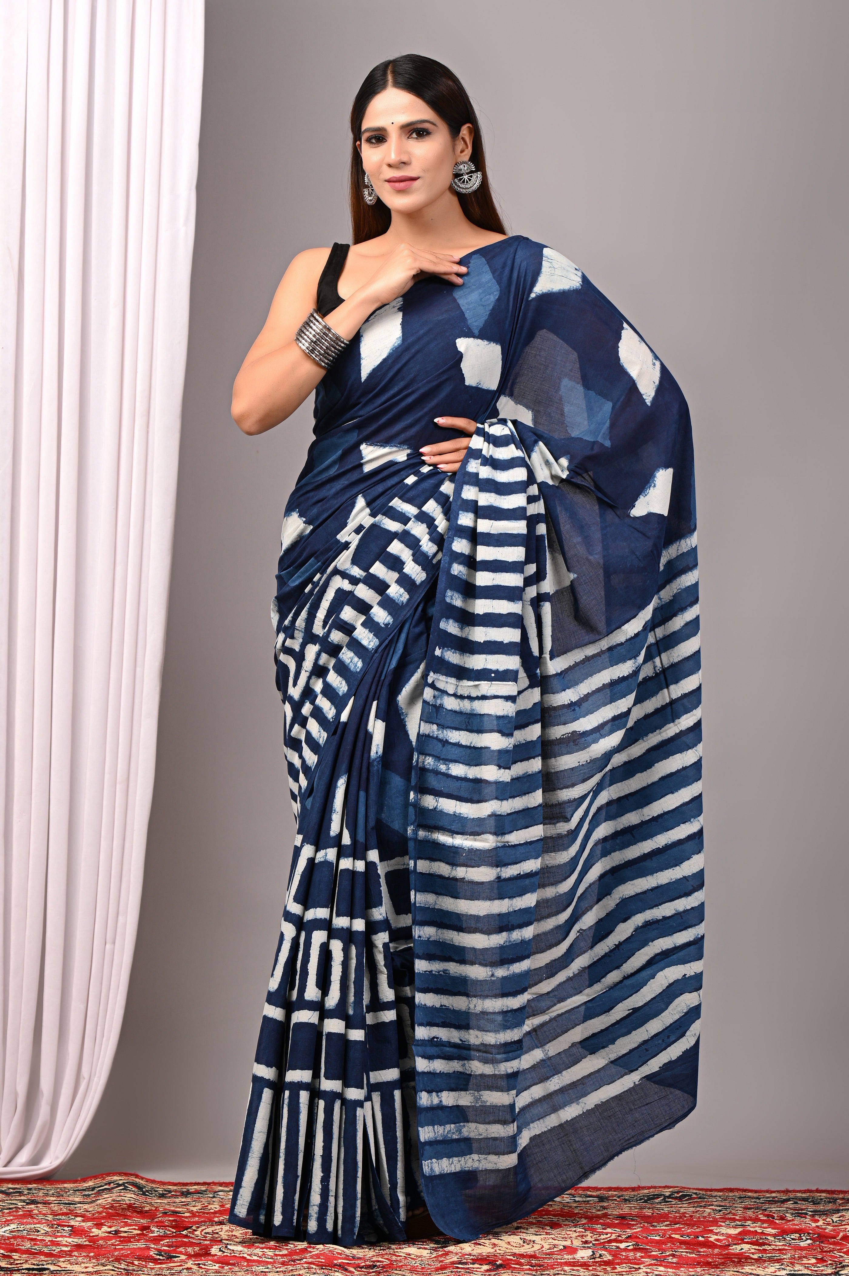 Indigo Blue Pure Cotton Hand-Printed Saree