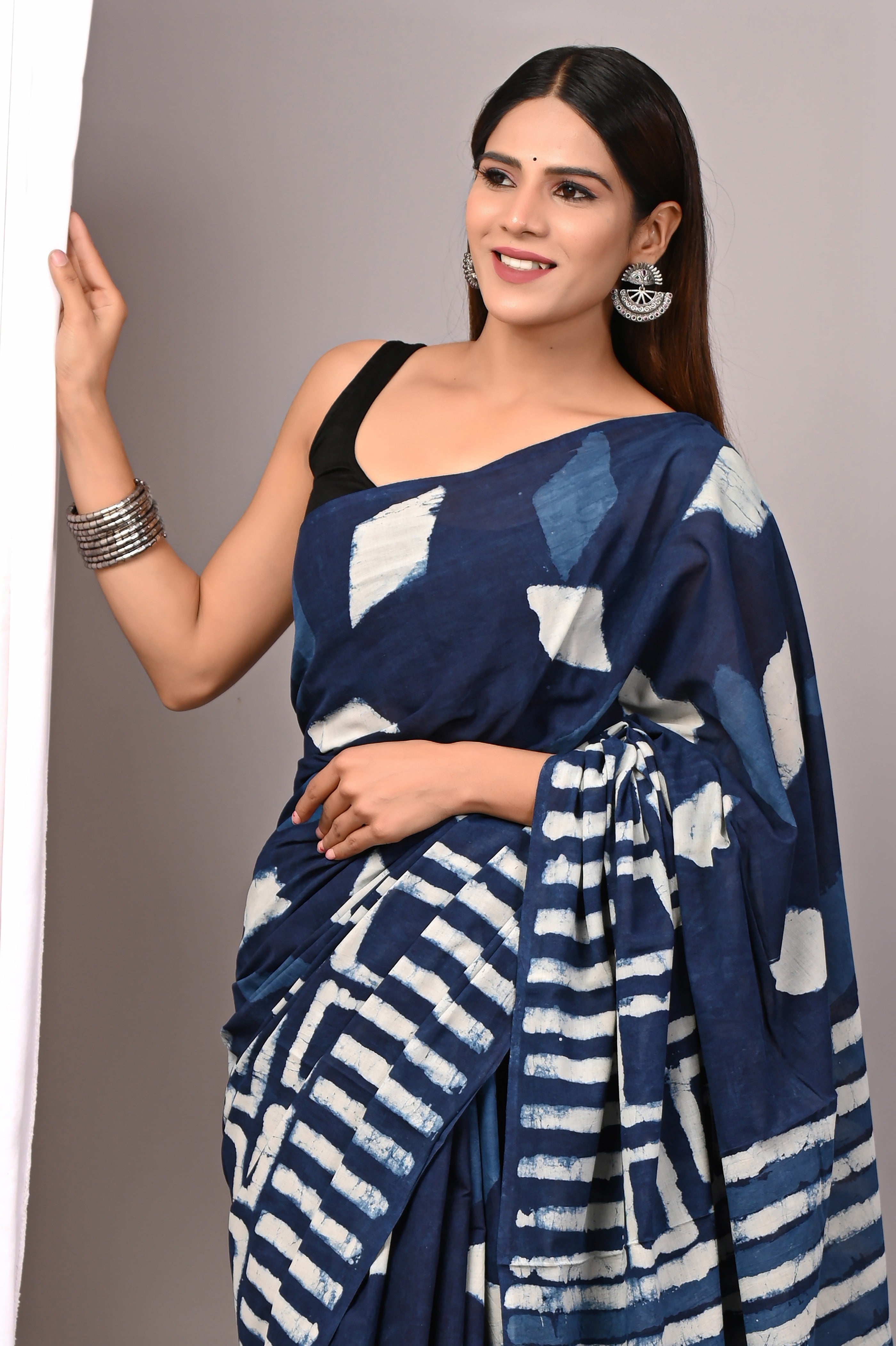 Indigo Blue Pure Cotton Hand-Printed Saree
