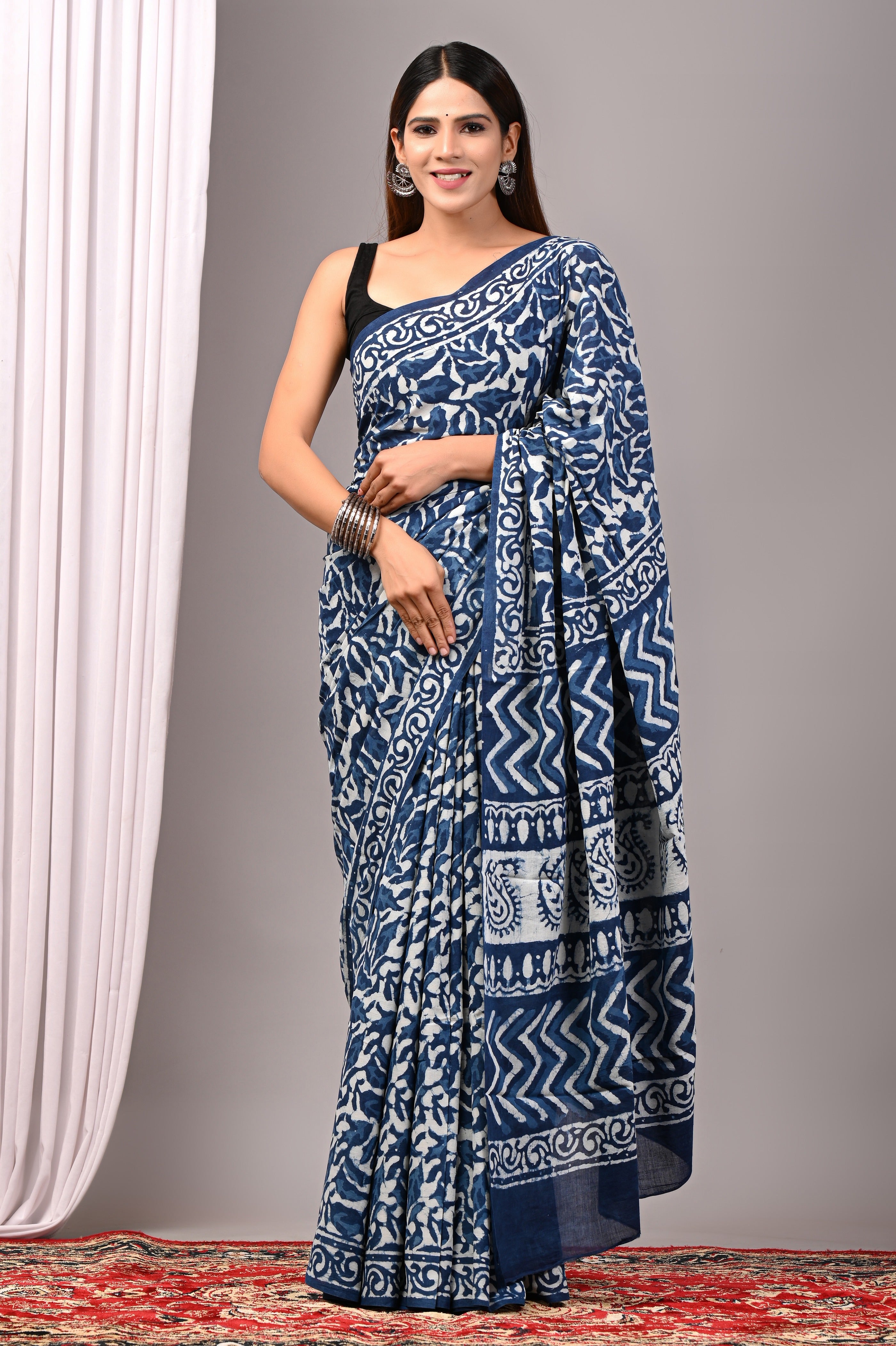 Indigo Blue Pure Cotton Hand-Printed Saree