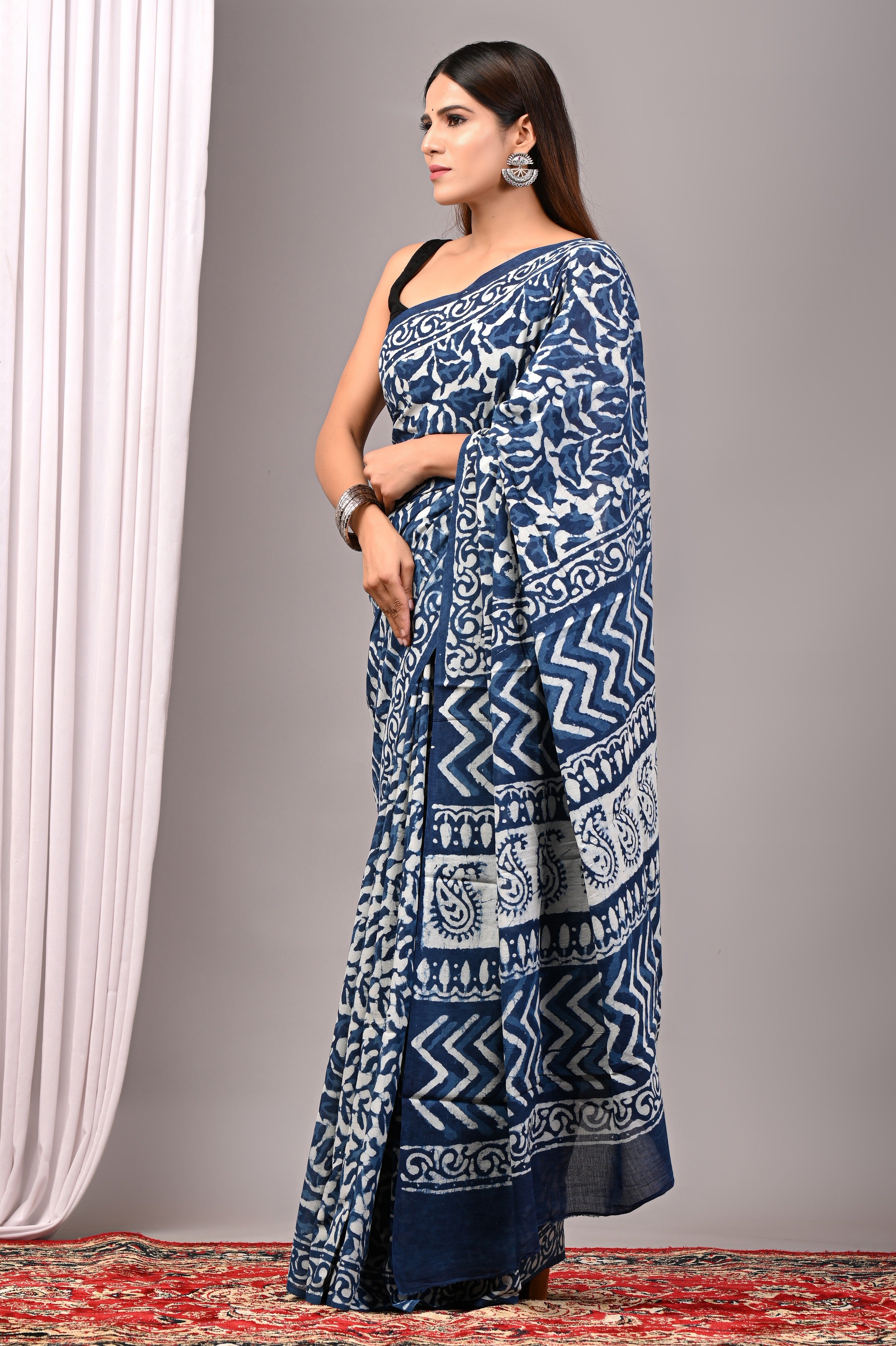 Indigo Blue Pure Cotton Hand-Printed Saree