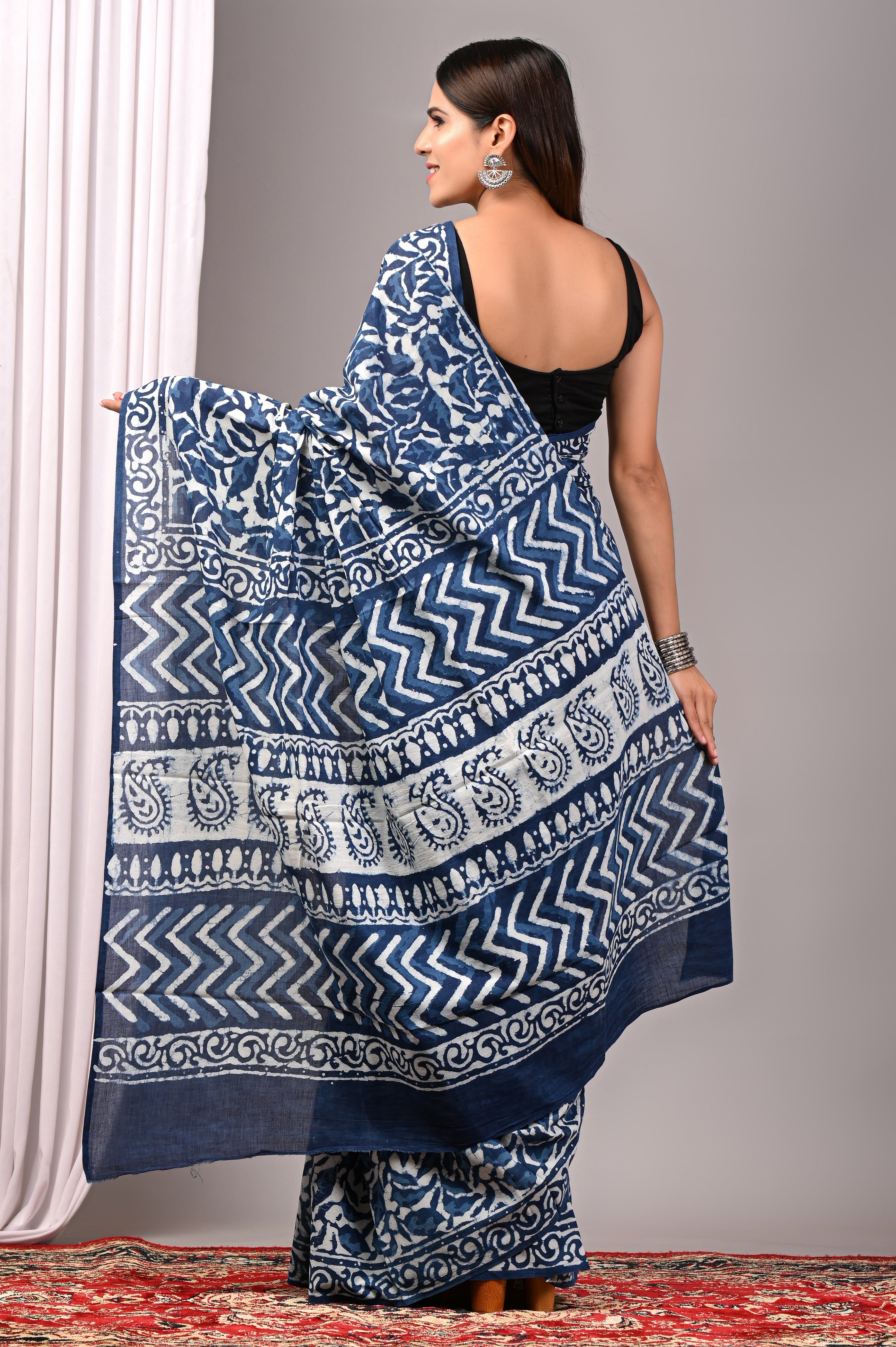 Indigo Blue Pure Cotton Hand-Printed Saree