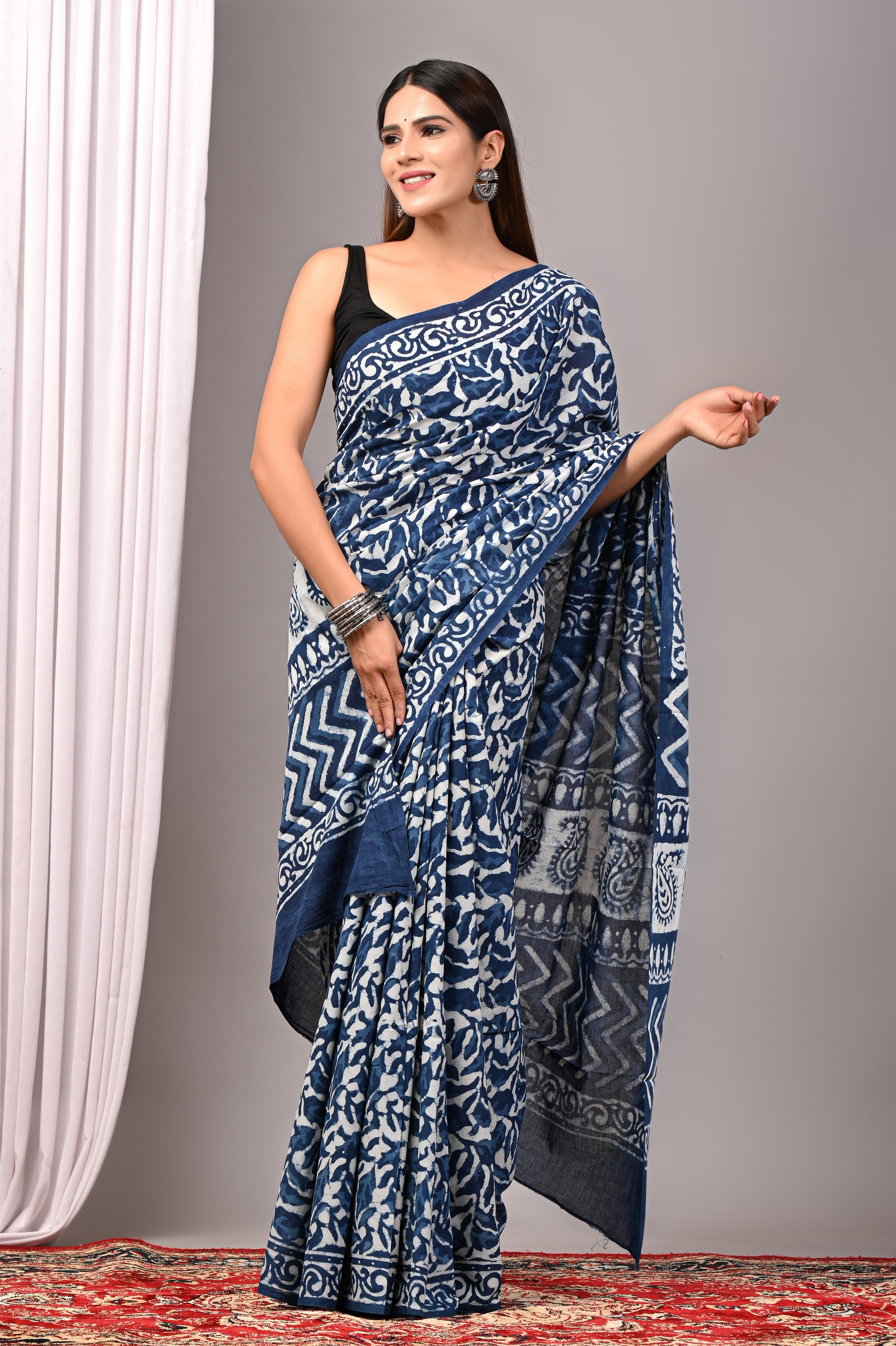 Indigo Blue Pure Cotton Hand-Printed Saree