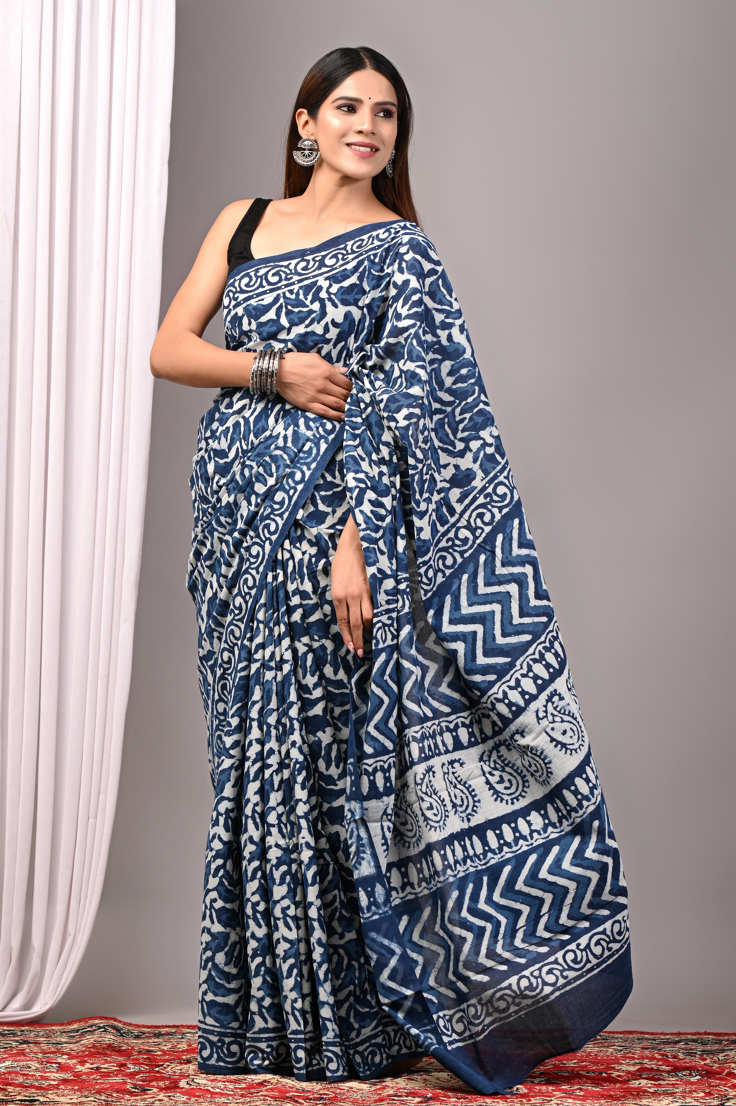 Indigo Blue Pure Cotton Hand-Printed Saree