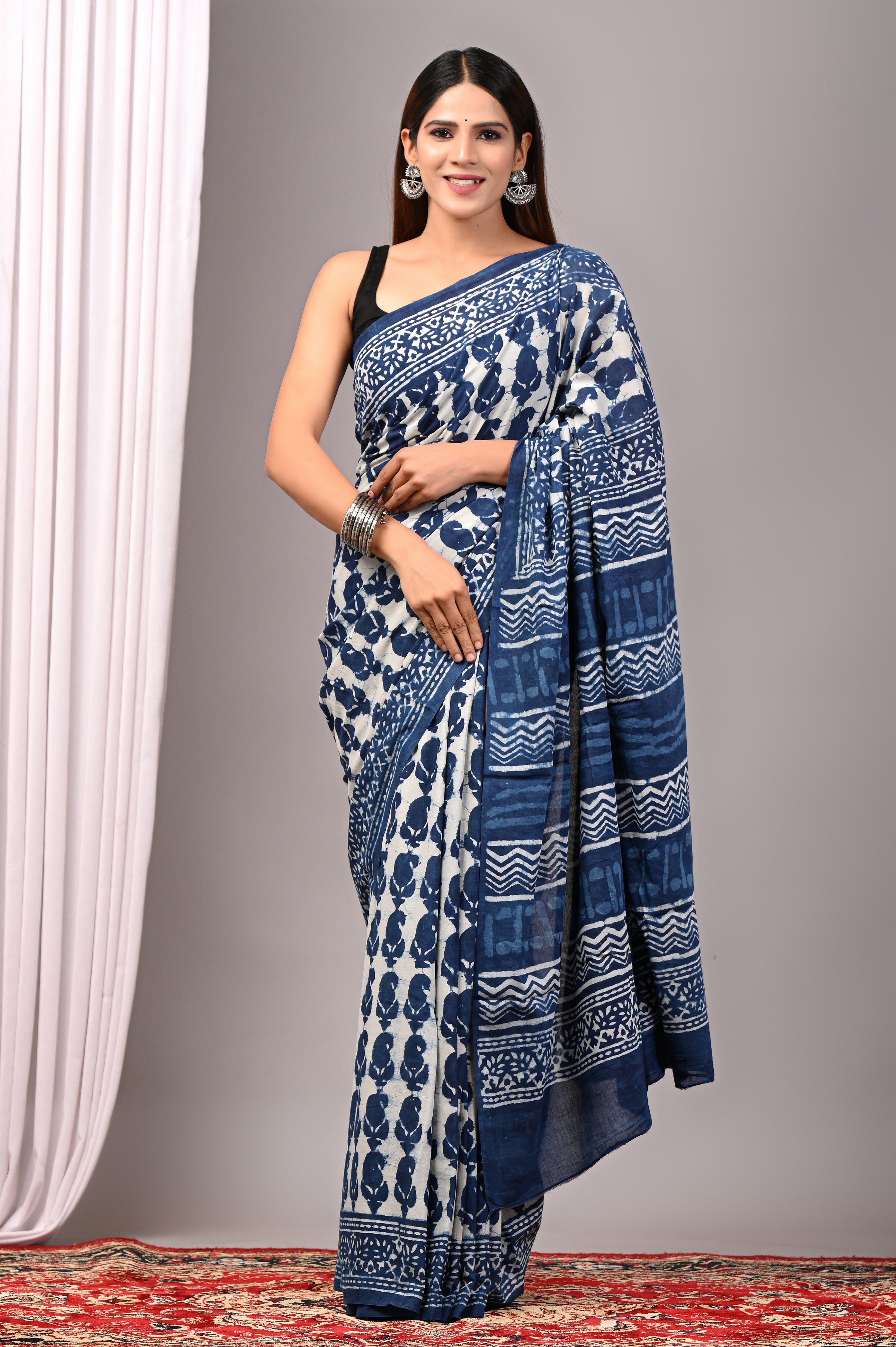 Indigo Blue Pure Cotton Hand-Printed Saree