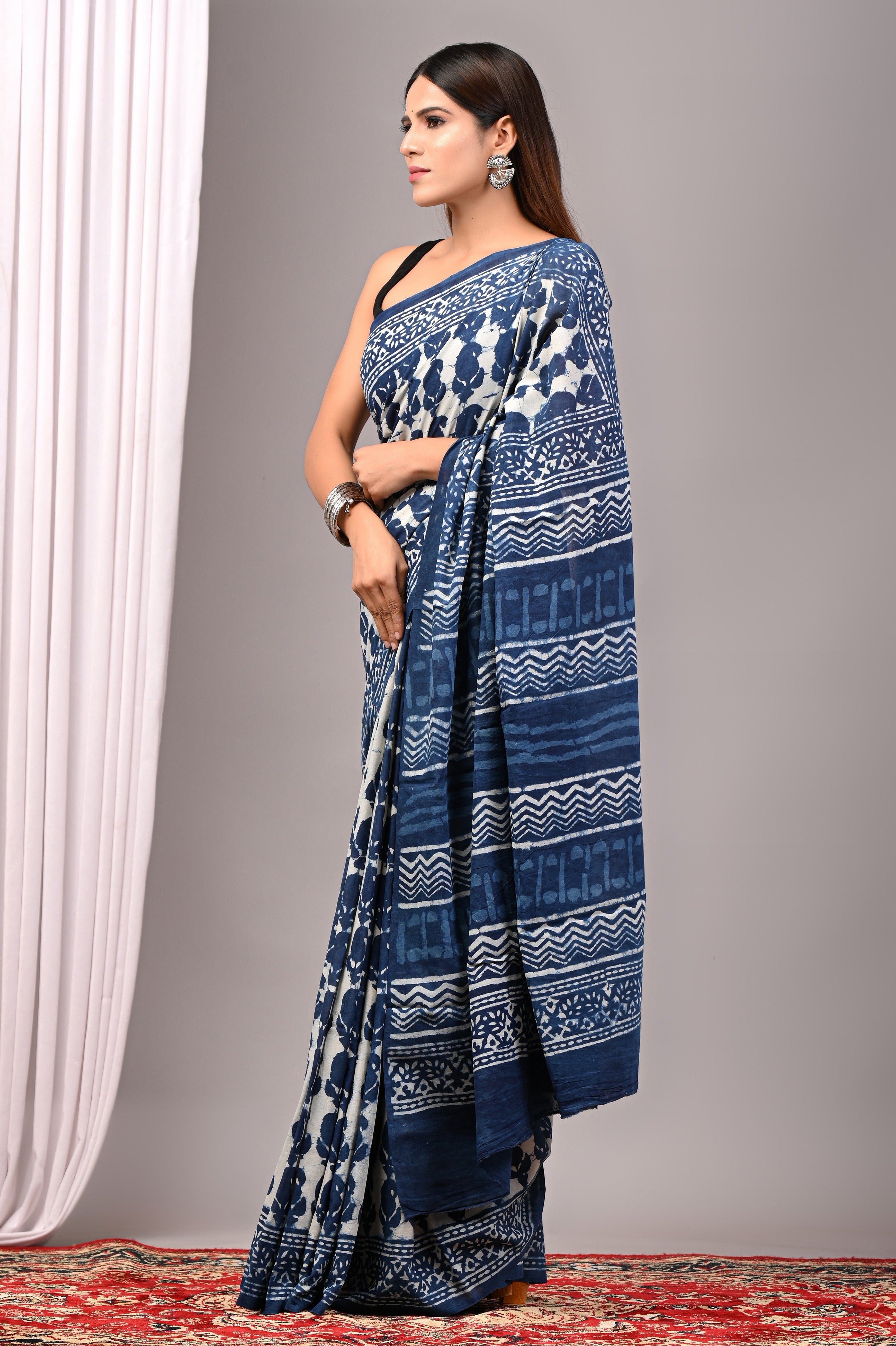 Indigo Blue Pure Cotton Hand-Printed Saree