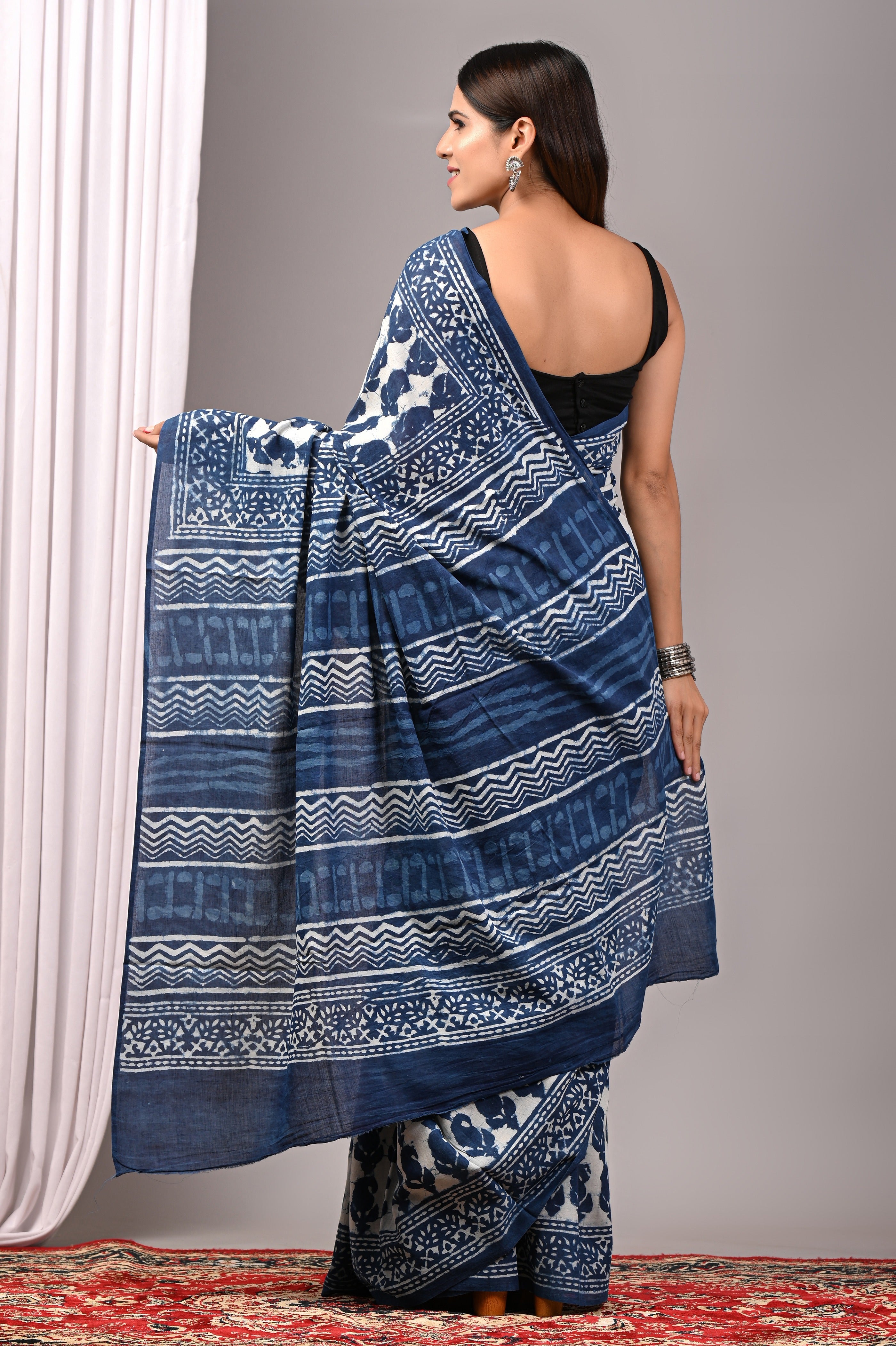 Indigo Blue Pure Cotton Hand-Printed Saree